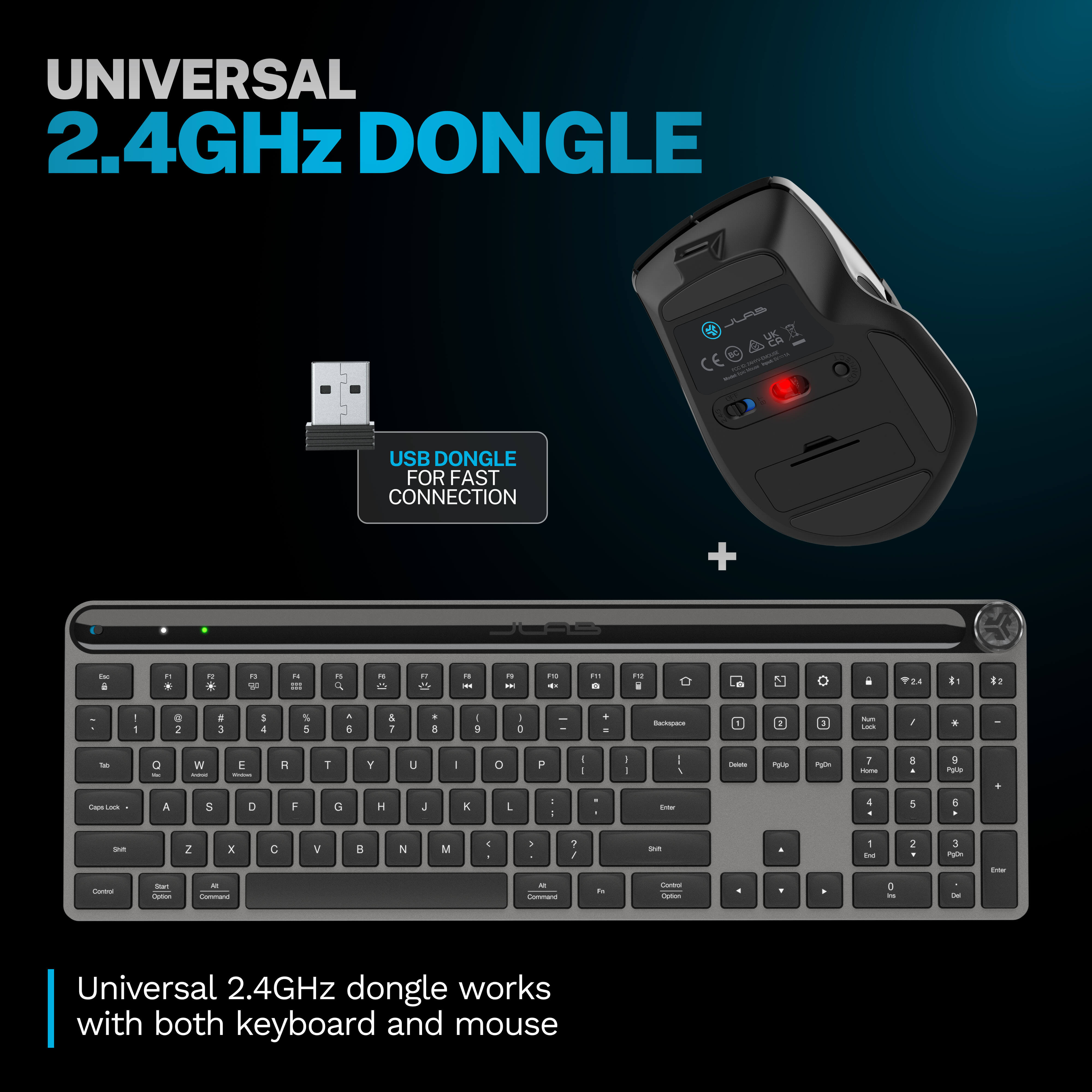 JLab Epic Wireless Keyboard and Mouse Combo - Ergonomic Design for Home, Office, and Gaming Use
