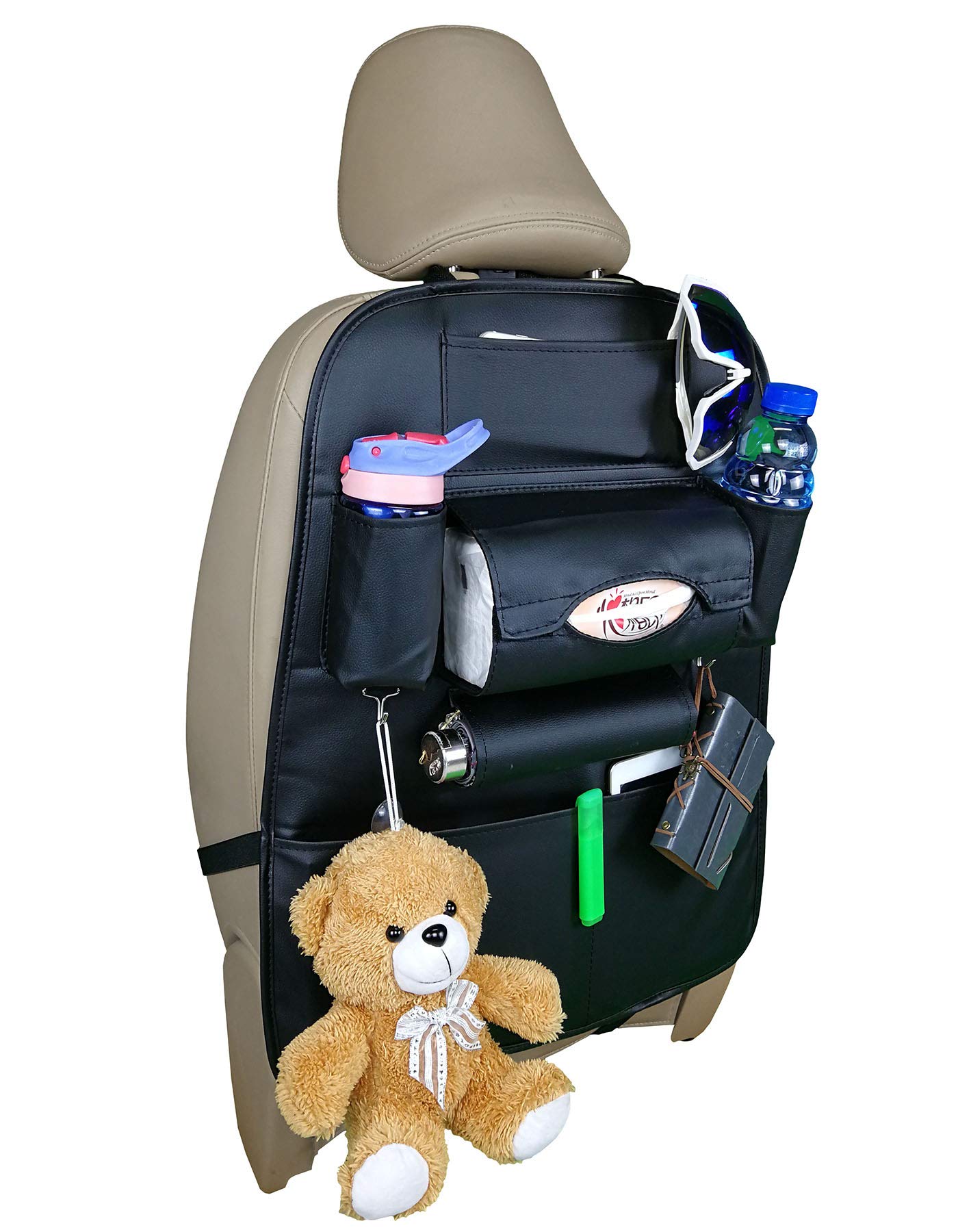 Premium PU Leather Car Backseat Organizer with 7 Storage Pockets - Waterproof Seat Back Protector for Kids Toys, Bottles & Travel Essentials - Ideal for Family Road Trips & Daily Commutes (1 Pack)