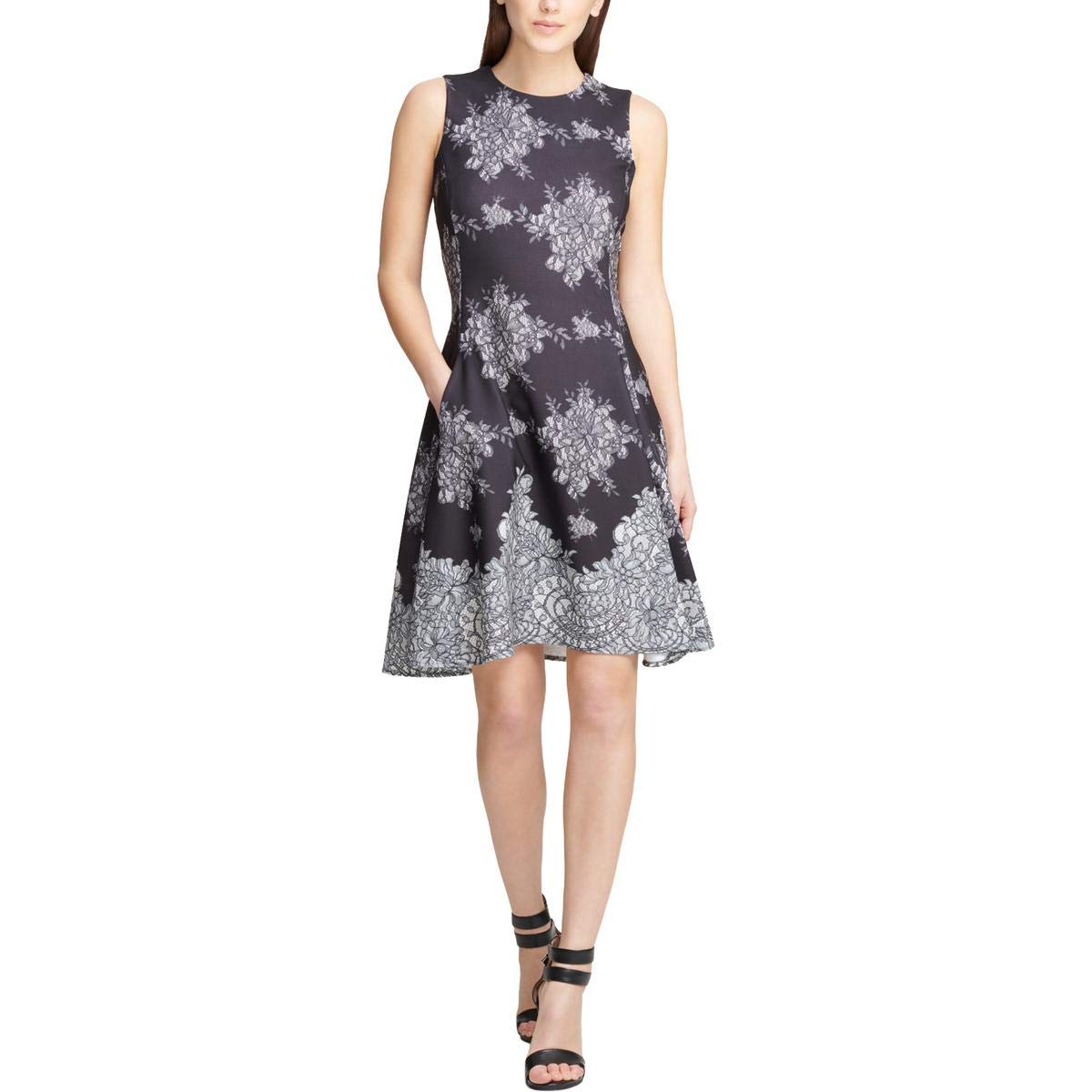 DKNY Women's Printed Fit & Flare Dress for Work - Black & White (Size 8) | Office Wear, Business Casual, Cocktail Party & Special Occasion Outfit