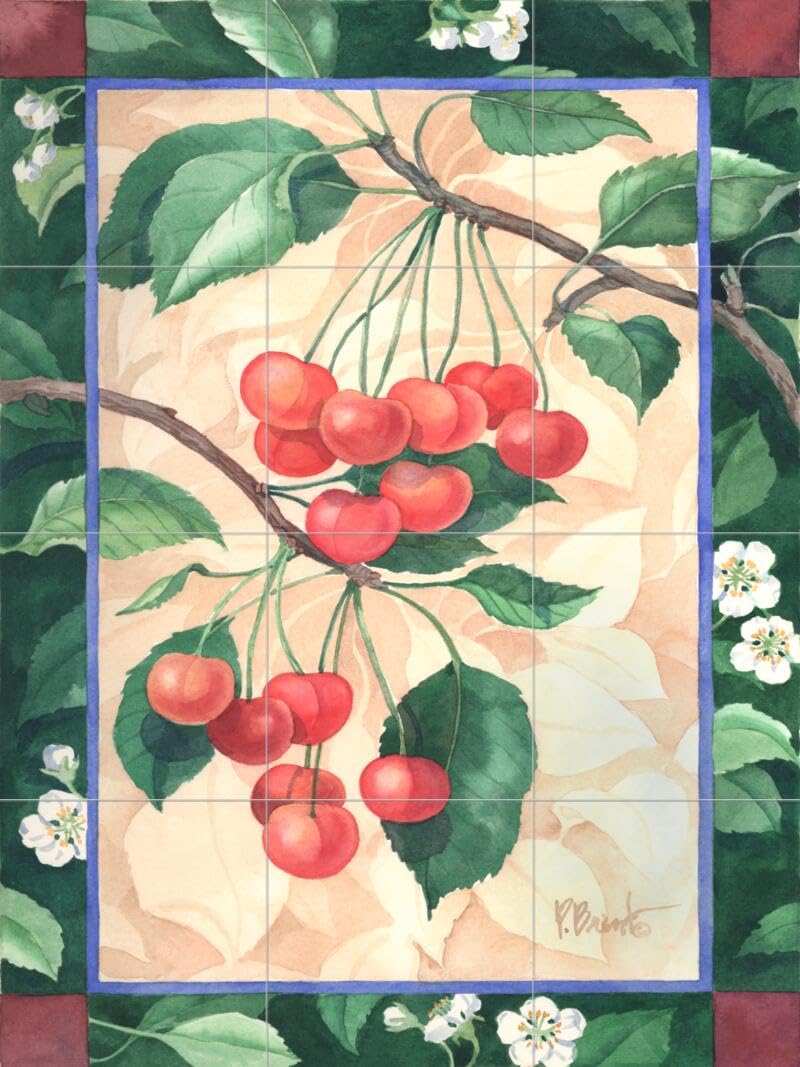 Ceramic Backsplash Tile Mural - Florence Cherries Design by Paul Brent - Fruit & Vegetable Themed Kitchen & Bathroom Wall Decor - Perfect for Backsplashes, Accent Walls & Home Renovation Projects