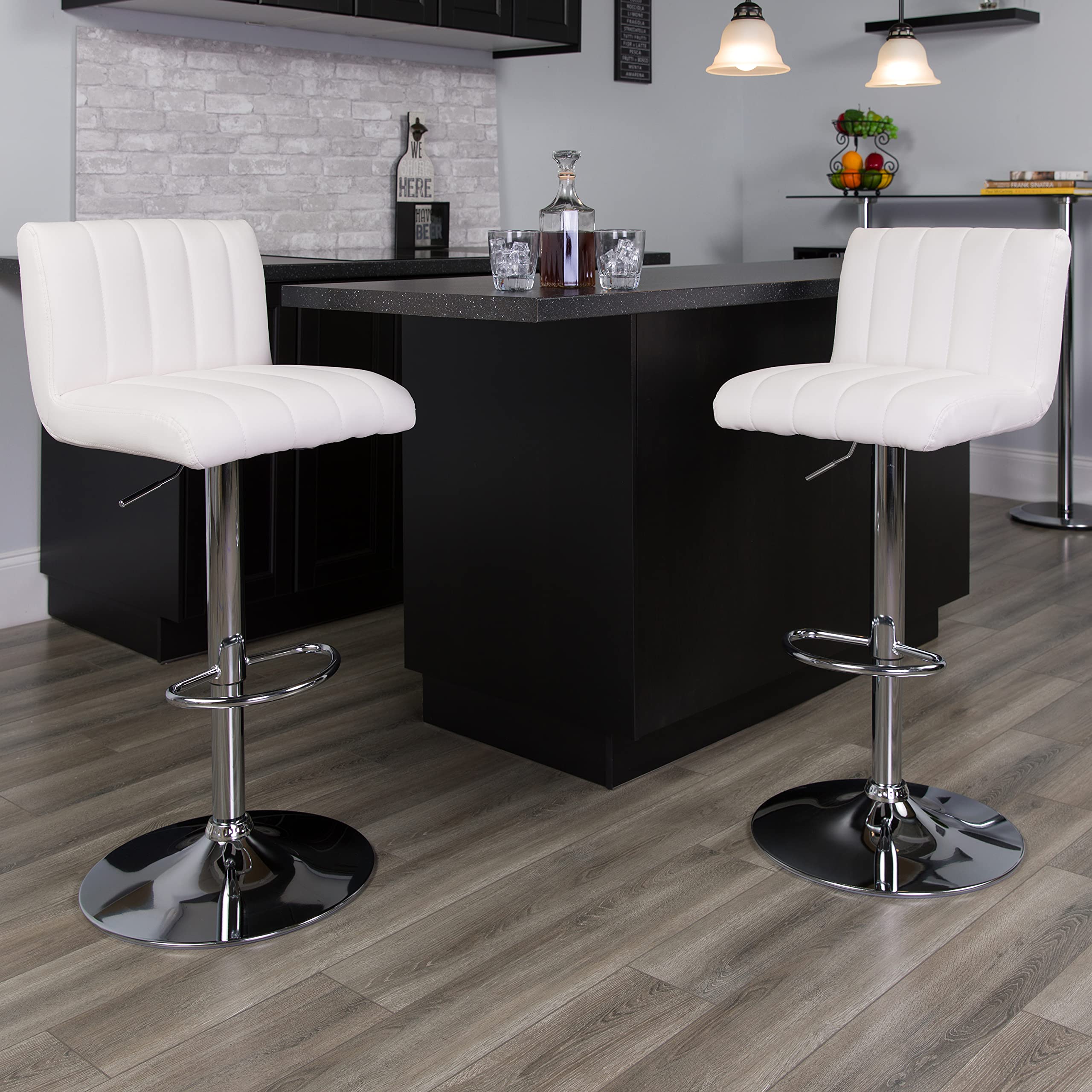 2 Pack White Vinyl Adjustable Bar Stools with Vertical Stitch Design & Chrome Base - Modern Kitchen Counter Stools for Dining Room, Bar, or Breakfast Nook