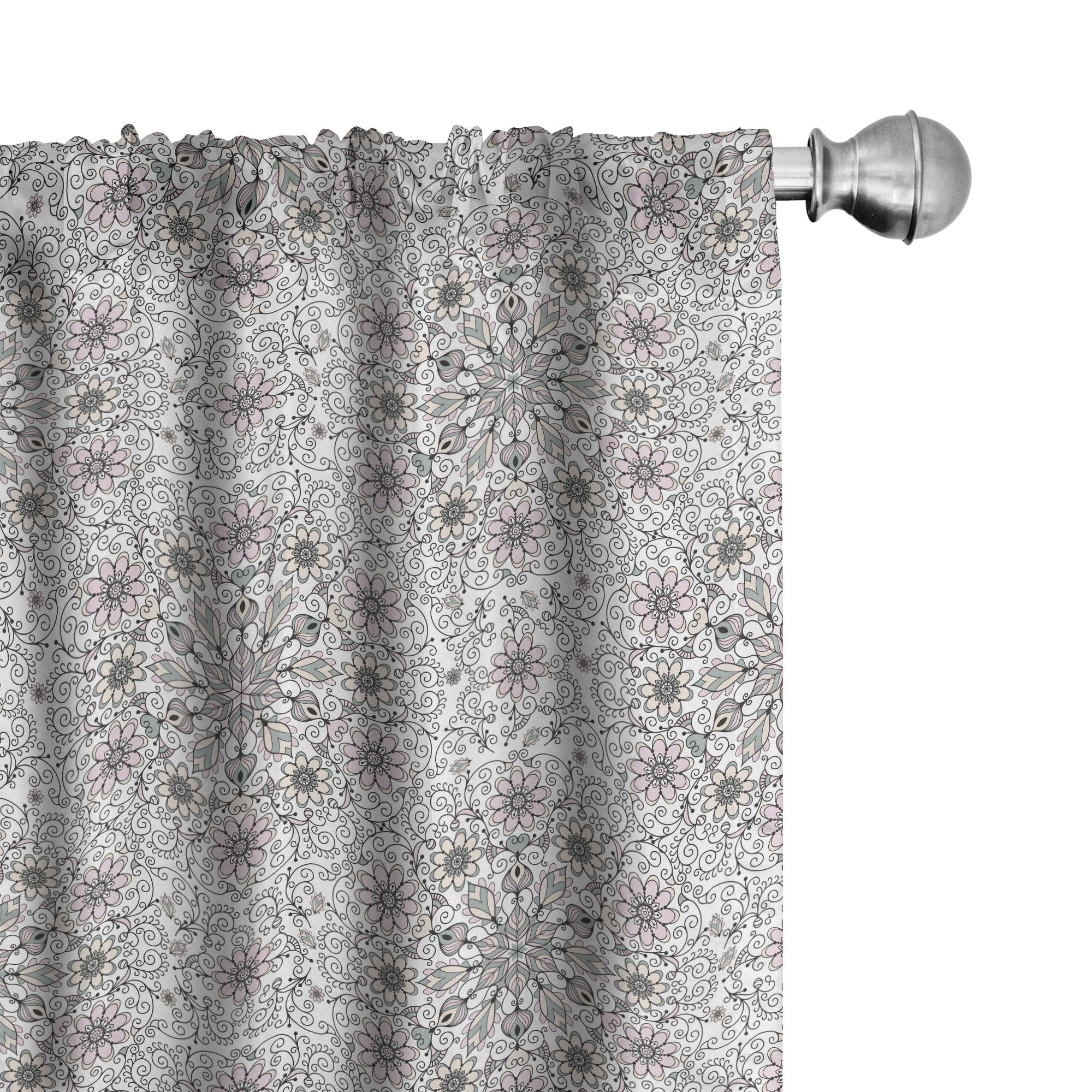 Ambesonne Ethnic Window Curtains Set of 2 - Vintage Abstract Floral Swirls & Leaves Design, Lightweight Sheer Panels with Rod Pocket, 56 x 63 Inches, Pink & Grey - Perfect for Living Room, Bedroom & Boho Home Decor