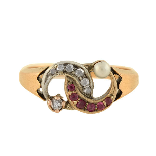 14K Gold Victorian Style Double Crescent Ring with Diamond, Pearl & Ruby - Elegant Vintage Jewelry for Weddings, Anniversaries & Special Occasions