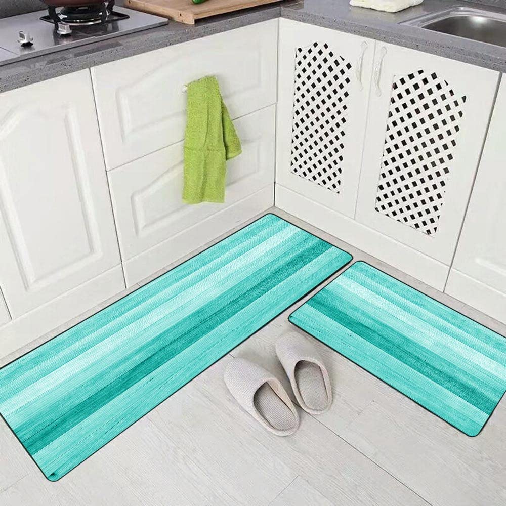 TOMWISH Non-Slip Teal Kitchen Rugs Set - 2 PCS Turquoise Green Painted Mats (17