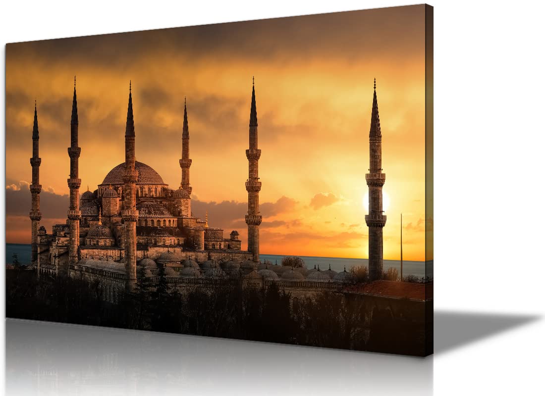 Blue Mosque Canvas Wall Art - Framed Islamic Art Print for Home Decor, Bedroom & Living Room - Religious Muslim Gift - 28''H x 40''W - Perfect for Spiritual Spaces & Cultural Interior Design