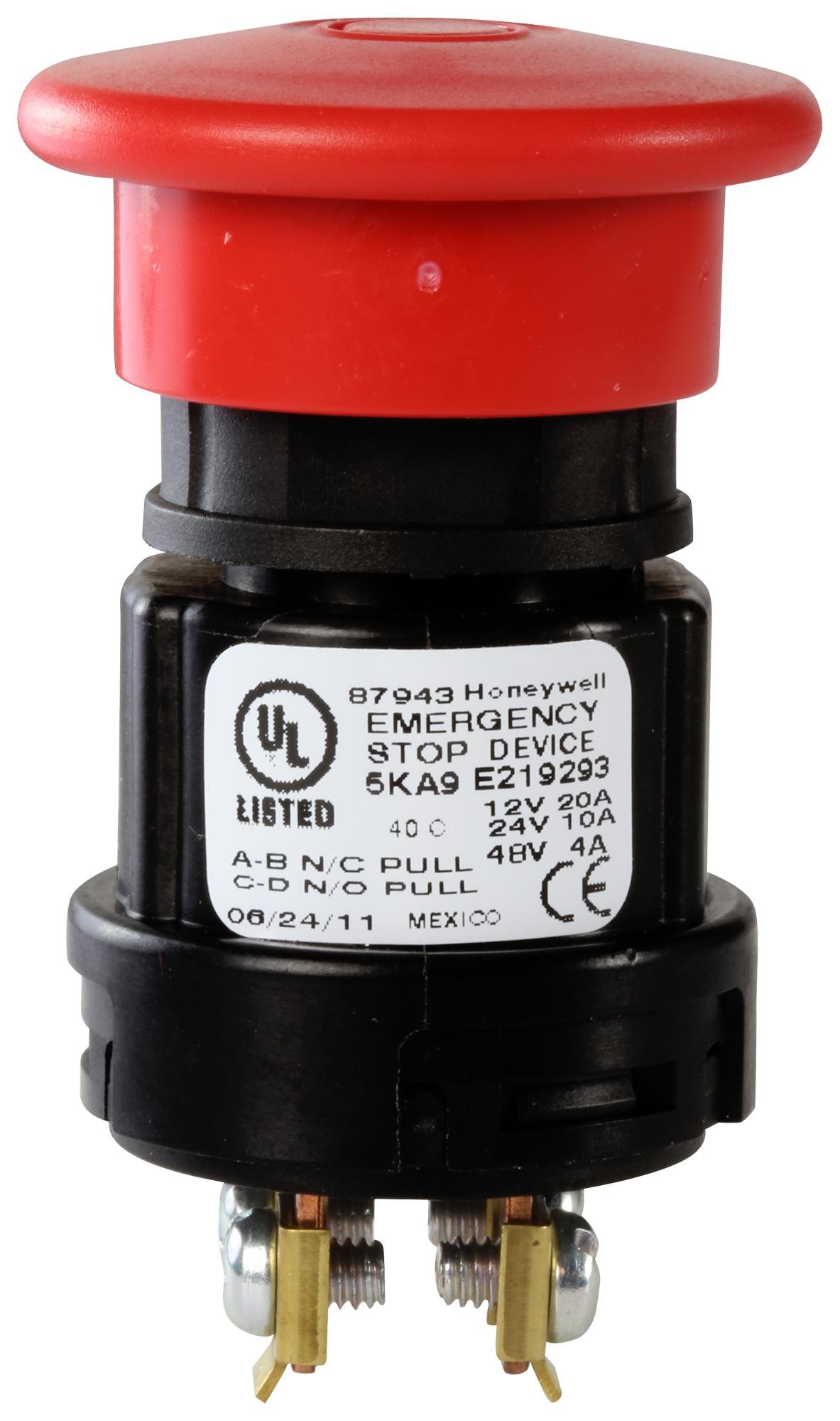 Honeywell 87943-00 Emergency Stop Switch SPST-NC/NO 20A 12V Screw Terminal - Industrial Machinery Safety Control for CNC, Conveyors & Manufacturing Equipment