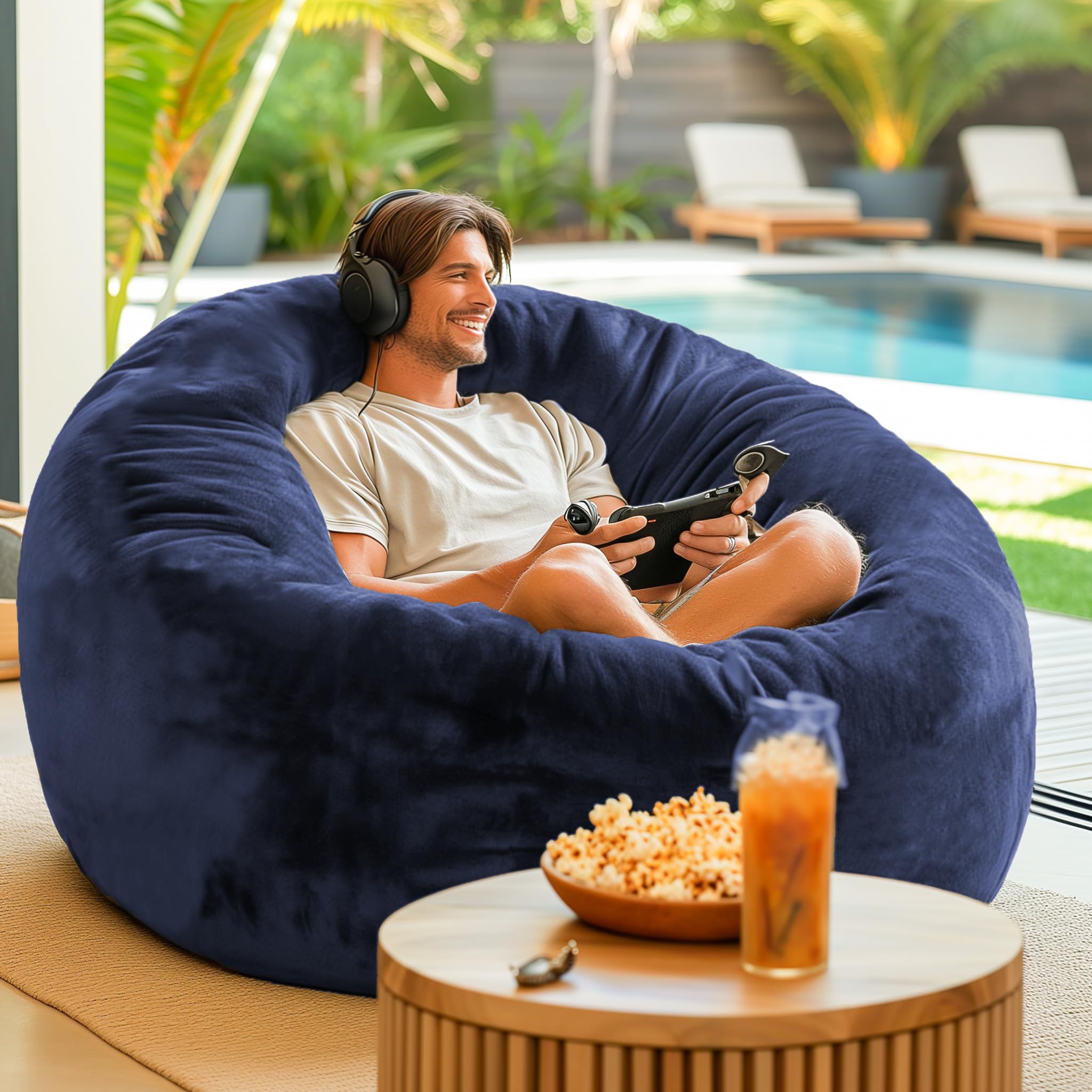 Premium 4ft Codi Bean Bag Chair with Filler - Extra Large Comfort Foam Beanbag for Adults & Teens - Soft Machine Washable Mink Cover (Blue) - Perfect for Living Room, Game Room or Dorm Relaxation