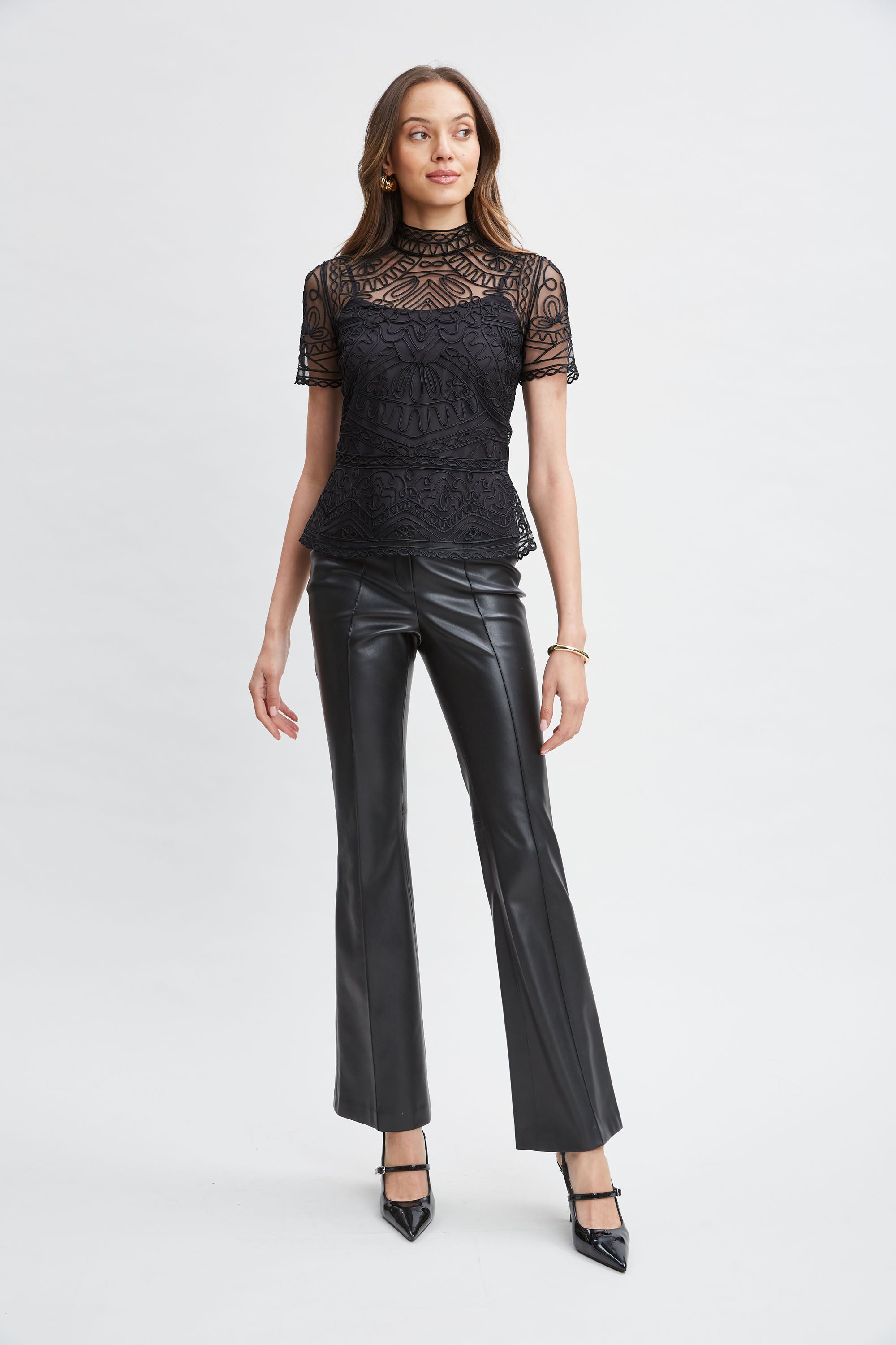 Black Tape Applique Mock Neck T-Shirt - Stylish & Comfortable for Casual Wear, Workouts, and Everyday Outfits