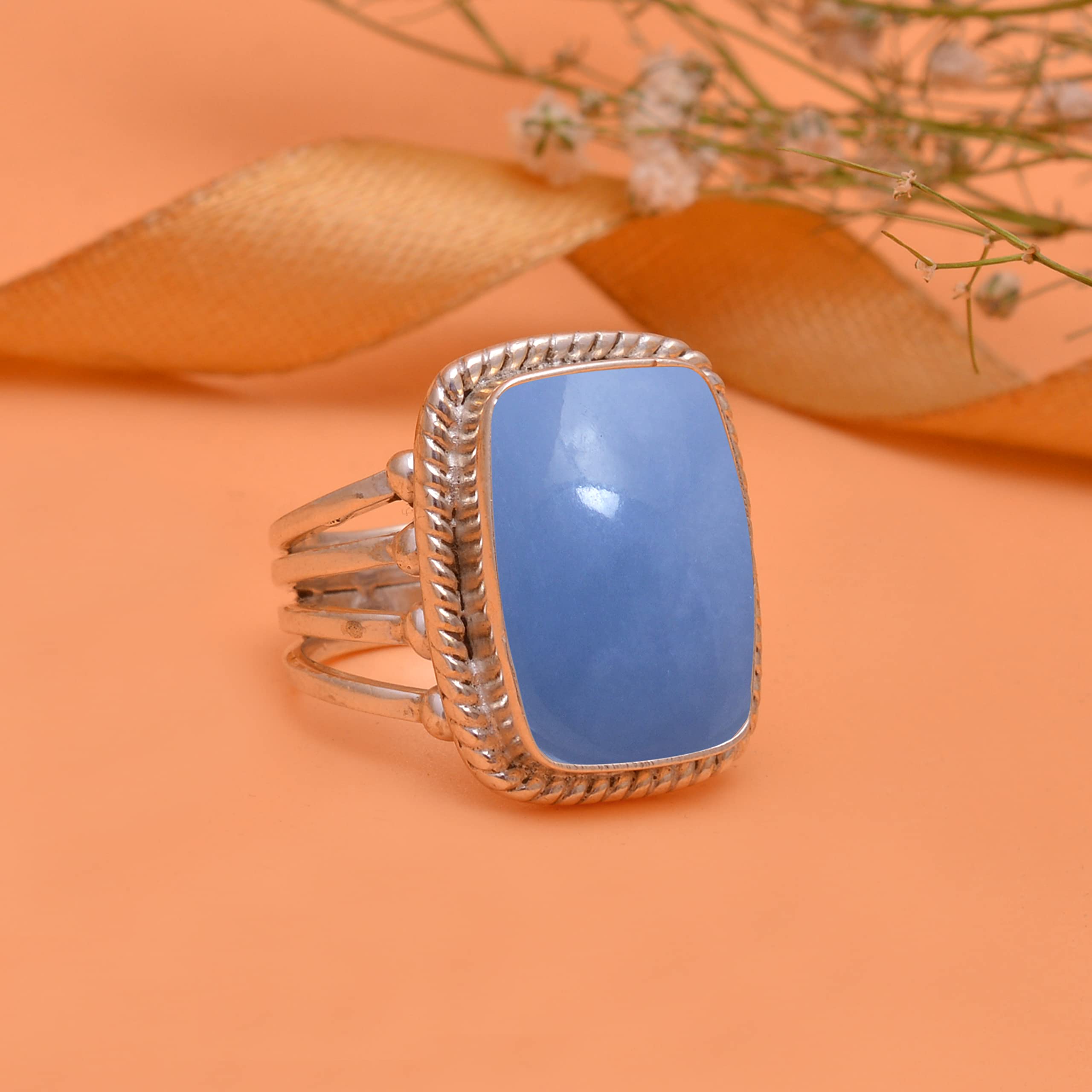 Veracity Jewelry Angelite Rings for Women - 925 Sterling Silver Handmade Rings with Natural Blue Angelite Gemstone - Elegant Designer Jewelry Gift for Her (VSR-832) | Perfect for Weddings, Anniversaries & Special Occasions
