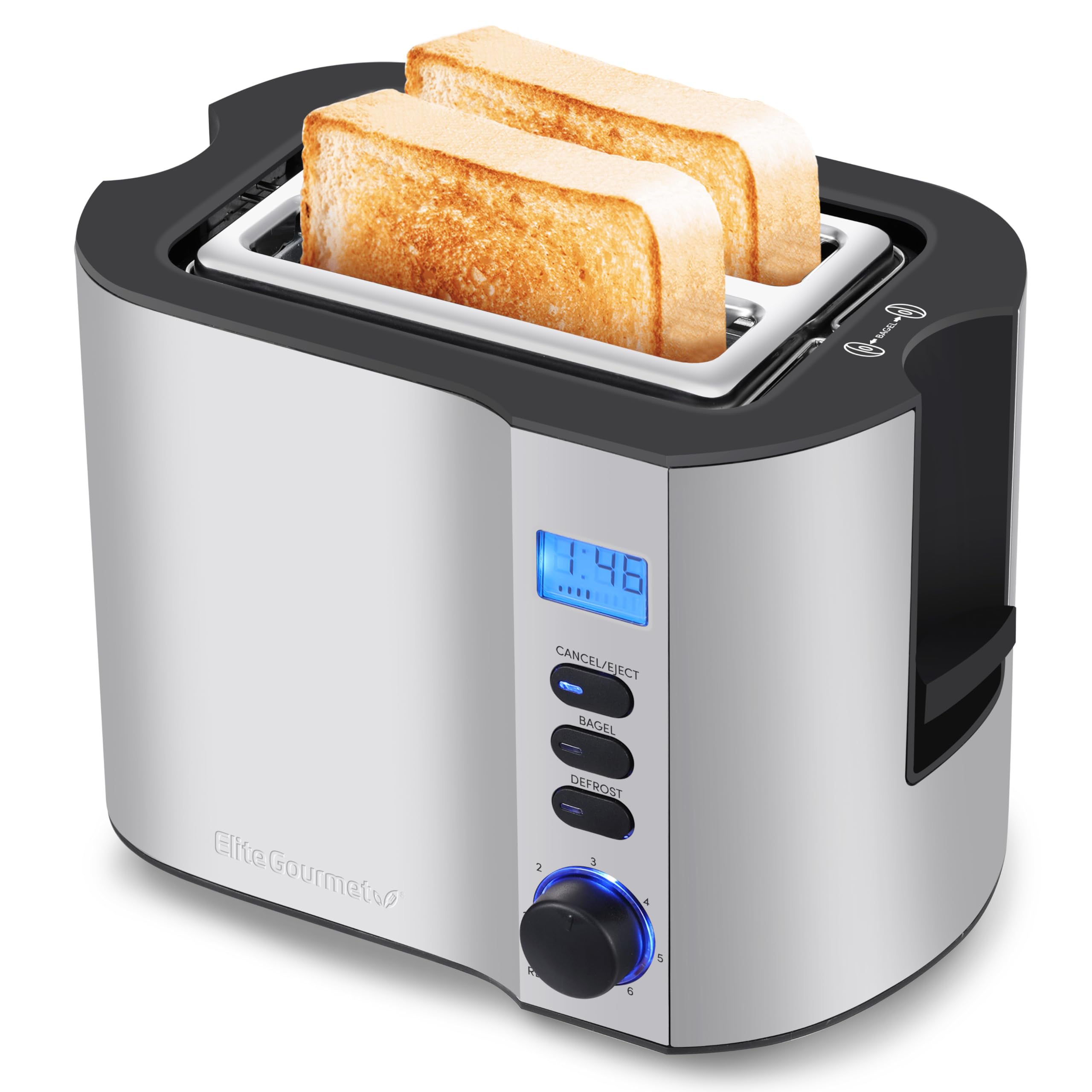 Elite Gourmet ECT2145 2-Slice Toaster with Extra Wide Slots - Bagel, Reheat, Defrost & Cancel Functions - 6 Browning Settings - Built-in Warming Rack & Countdown Timer - Stainless Steel Design - Perfect for Breakfast, Brunch & Quick Snacks