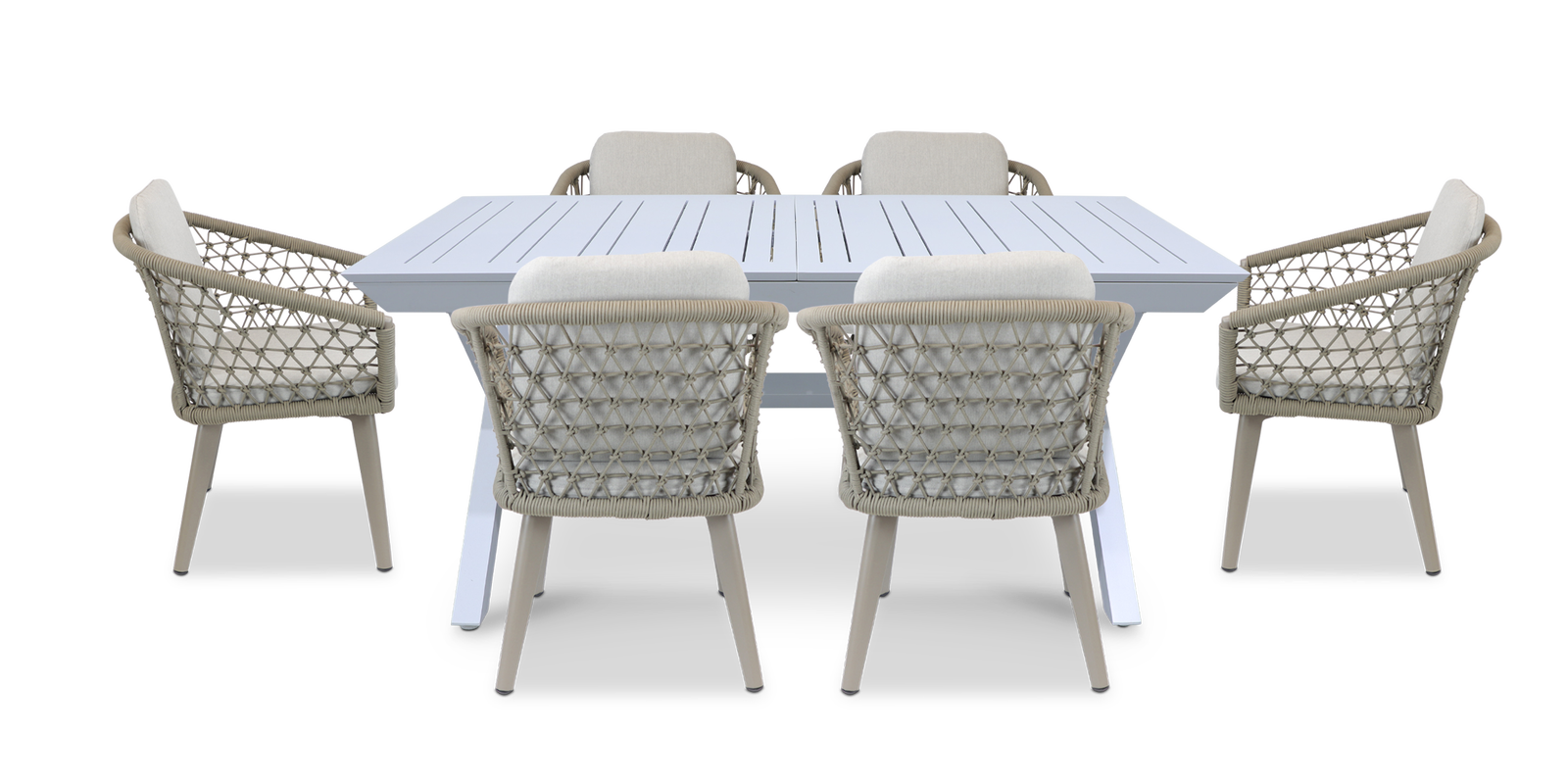 White Caribbean Outdoor Extension Table with Rope Chairs - Perfect for Patio, Garden, and Backyard Dining | Weather-Resistant & Space-Saving Design