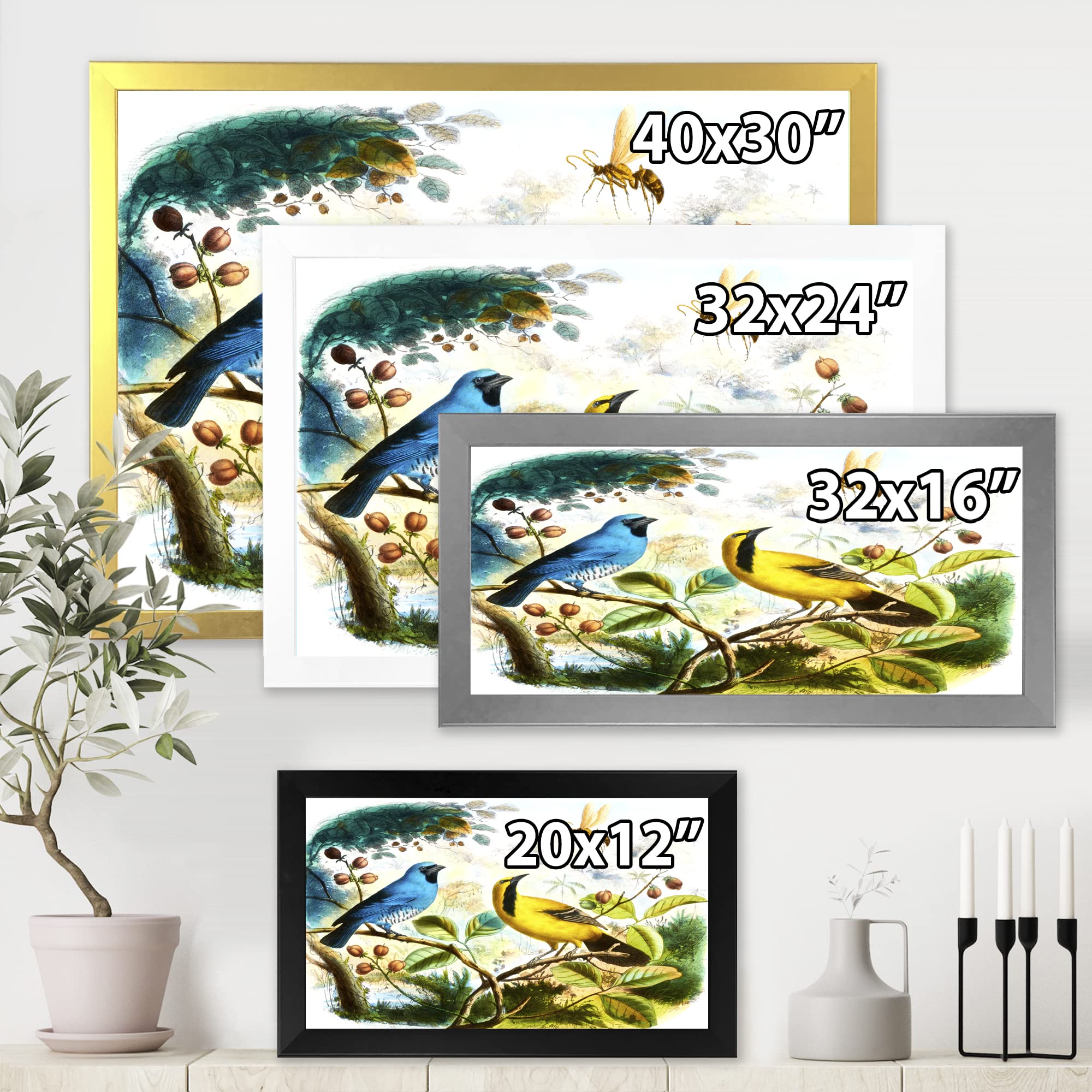 DesignQ Blue and Yellow Bird In The Wild Traditional Framed Wall Art - Nature Inspired Home Decor for Living Room, Bedroom & Office
