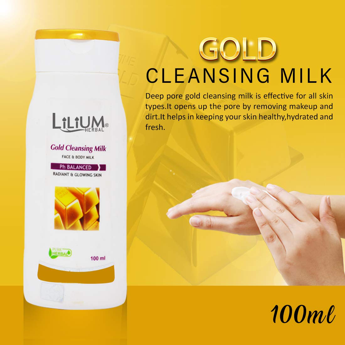 Lilium Herbal Gold Cleansing Milk 100ml (2 Pack) - Natural Face Wash for Sensitive Skin, Gentle Makeup Remover & Daily Cleanser - Perfect for Morning & Night Skincare Routine