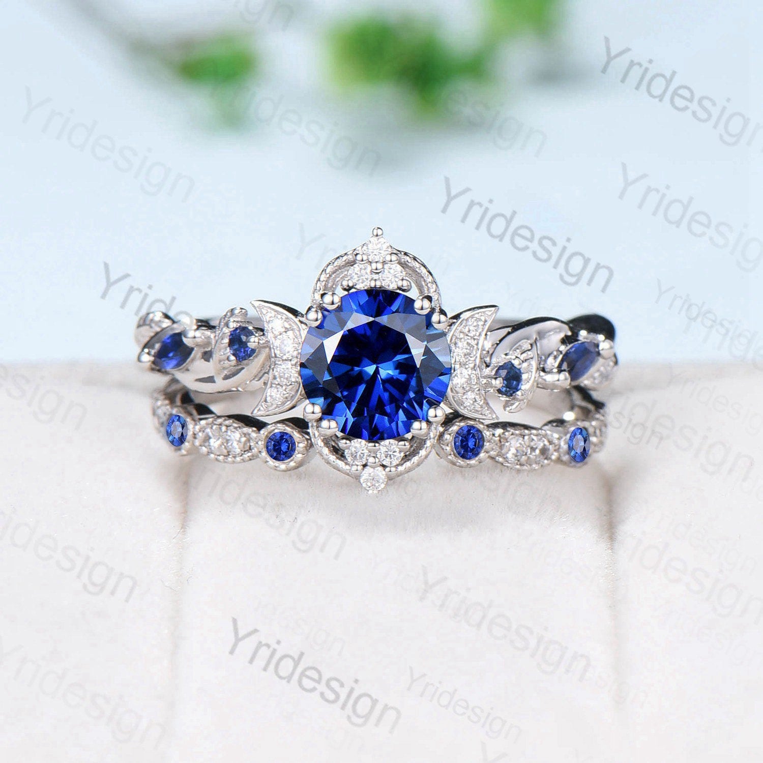 Blue Sapphire Engagement Ring Set for Women - Crescent Moon Art Deco Wedding Band with Open Gap Design - Nature Inspired Bridal Jewelry for Proposals, Anniversaries & Special Occasions