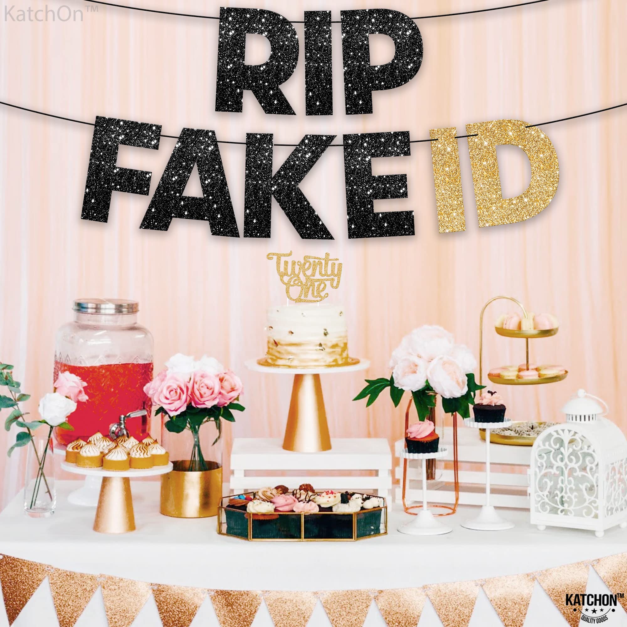 KatchOn Glitter RIP Fake ID Banner Black and Gold - 10ft Prestrung Birthday Decor | Perfect for 21st Birthday Party, Golden Themed Decorations for Him | Ideal for Birthday Celebrations, Home & Party Decor