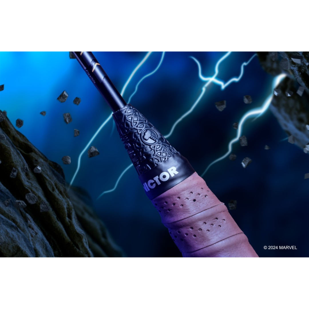 Victor X Marvel Mjolnir Metallic Limited Edition Badminton Racket - Premium Lightweight Carbon Fiber Shuttlecock Racket for Professional & Recreational Players - Perfect for Tournaments, Training & Backyard Games