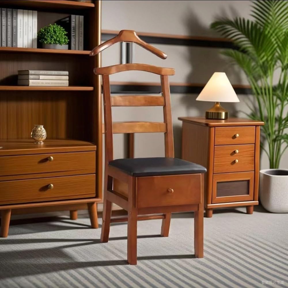 Wooden Chair Valet Stand with Hanger, Drawer & Trouser Bar - Mahogany Office Clothes Organizer 18