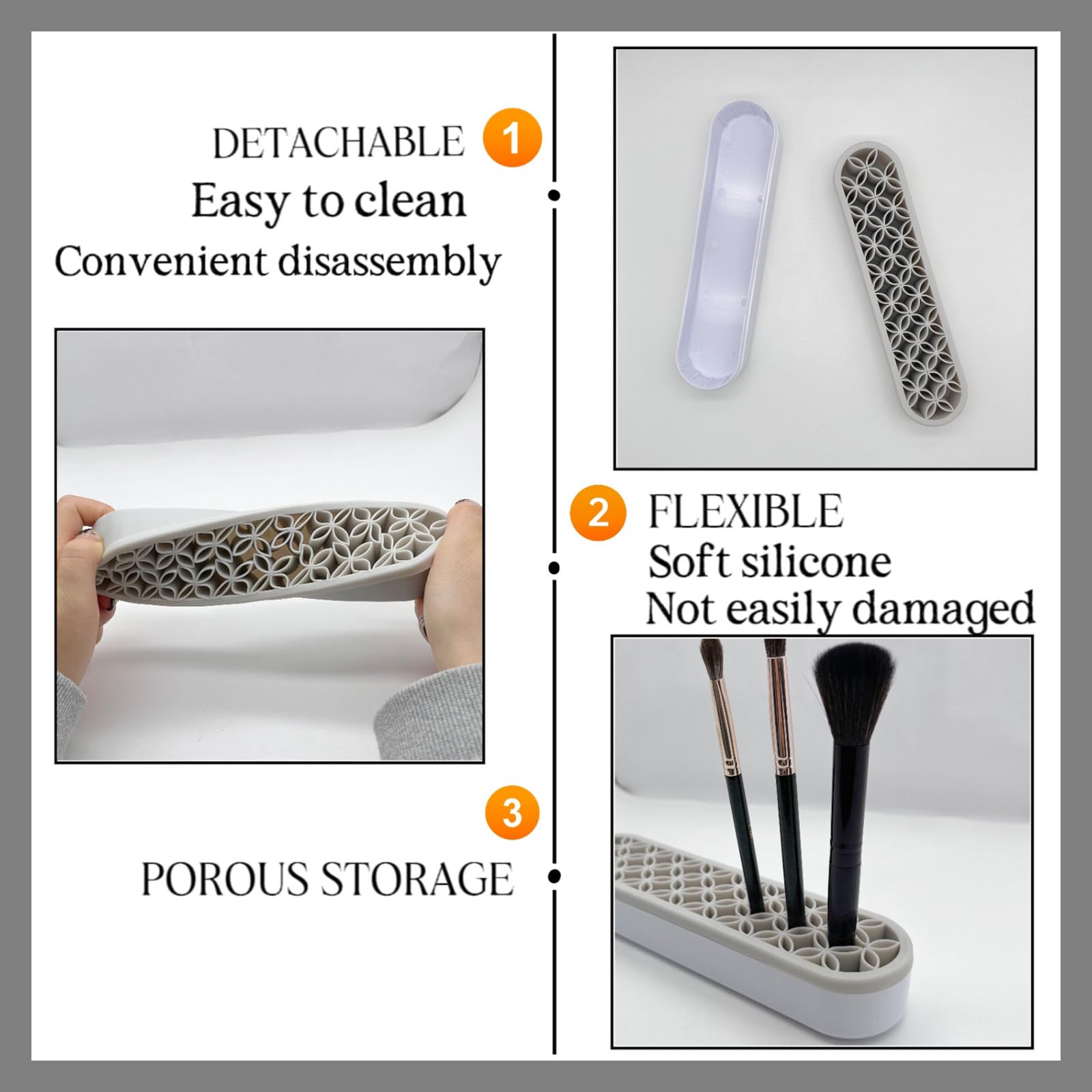 2-Pack Gray Silicone Makeup Brush Holder - Cosmetic Storage Box & Desktop Organizer for Brushes, Pens, Makeup Tools | Perfect for Vanity, Bathroom, Travel & Office Organization