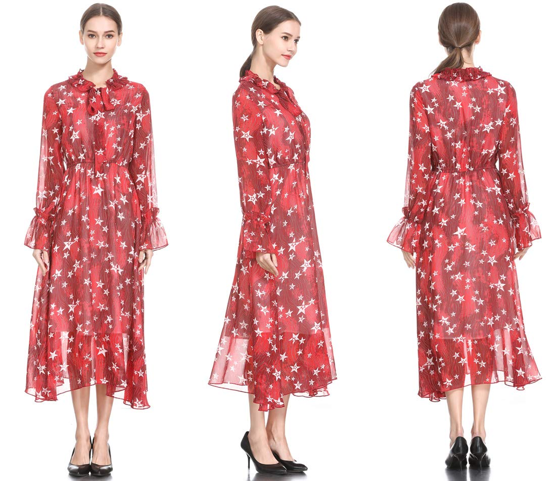 Floral Print Long Sleeve Chiffon Midi Dress for Women - Elegant Flowy Spring & Summer Casual Party Beach Dress | Perfect for Outdoor Events, Vacations & Date Nights