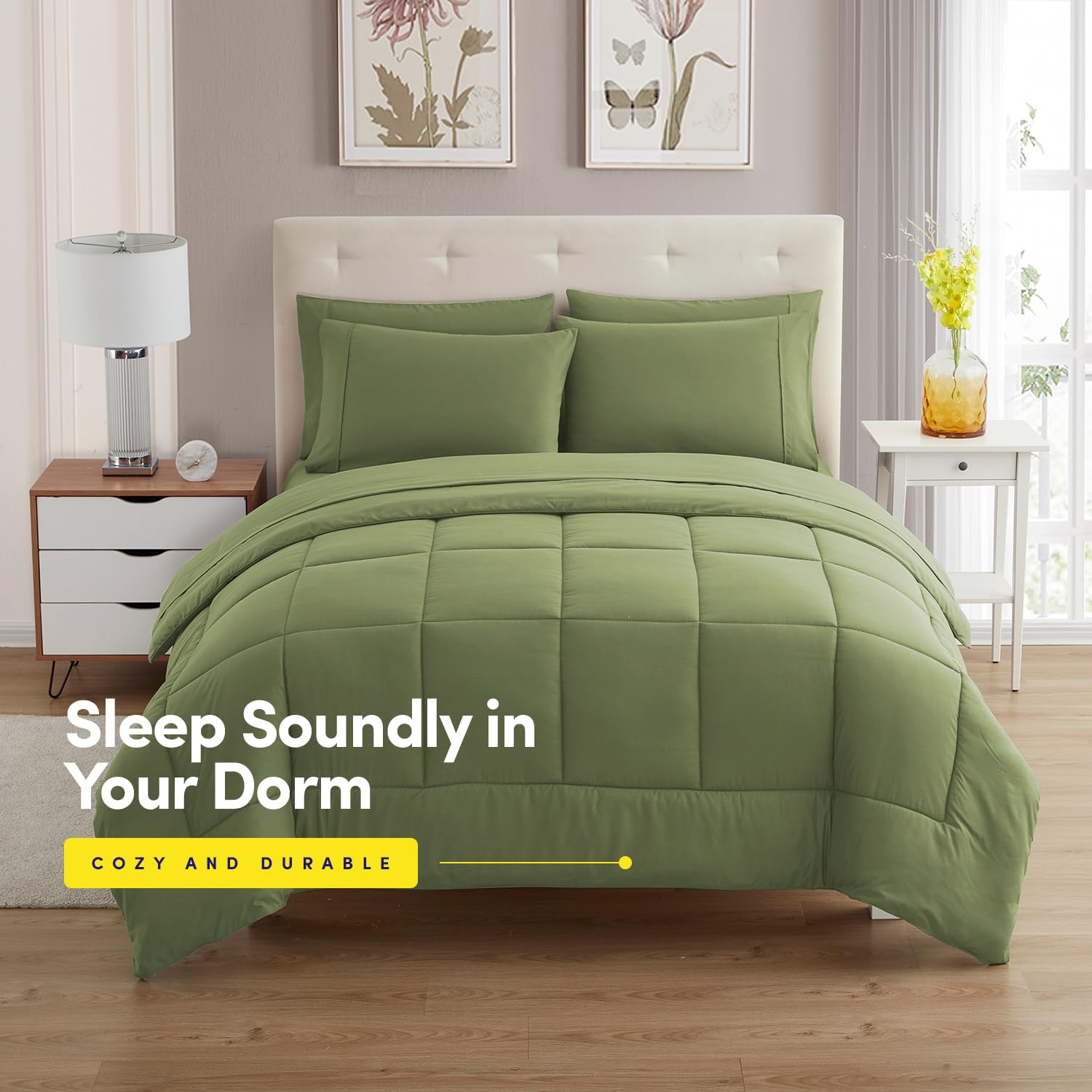 5-Piece Twin Size College Bedding Comforter Set - Sage Green Dorm Room Essentials for Boys & Girls | Perfect for College Students' Bed in a Bag | Ideal for Dorm Rooms, First Apartments & Teen Bedrooms