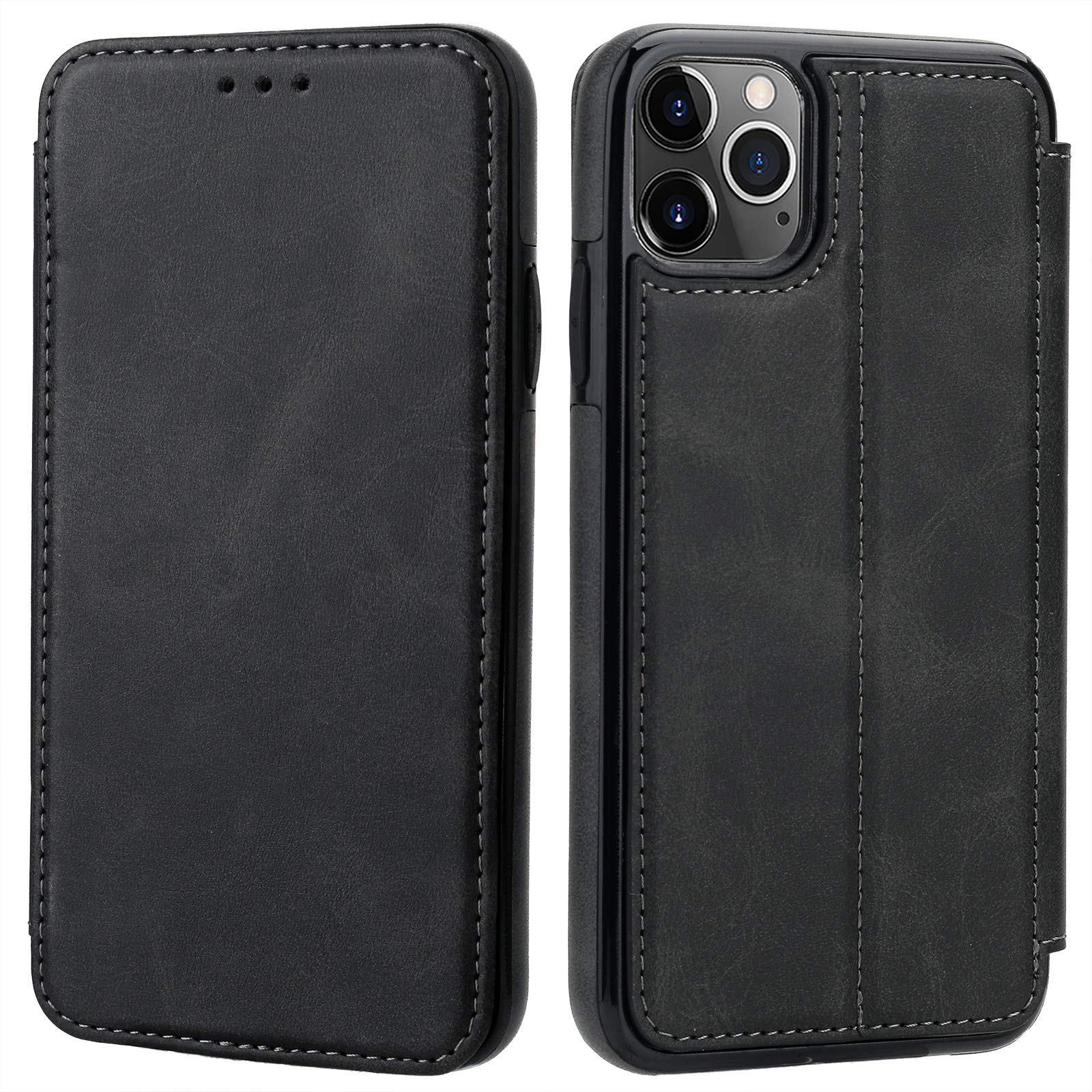 Premium PU Leather iPhone 11 Pro Max Flip Case with Wallet Card Holder & Hidden Magnetic Closure - Kickstand Protective Cover for iPhone 11 Pro Max 6.5 Inch (Black) | Perfect for Business Travel, Daily Commute & Hands-Free Viewing
