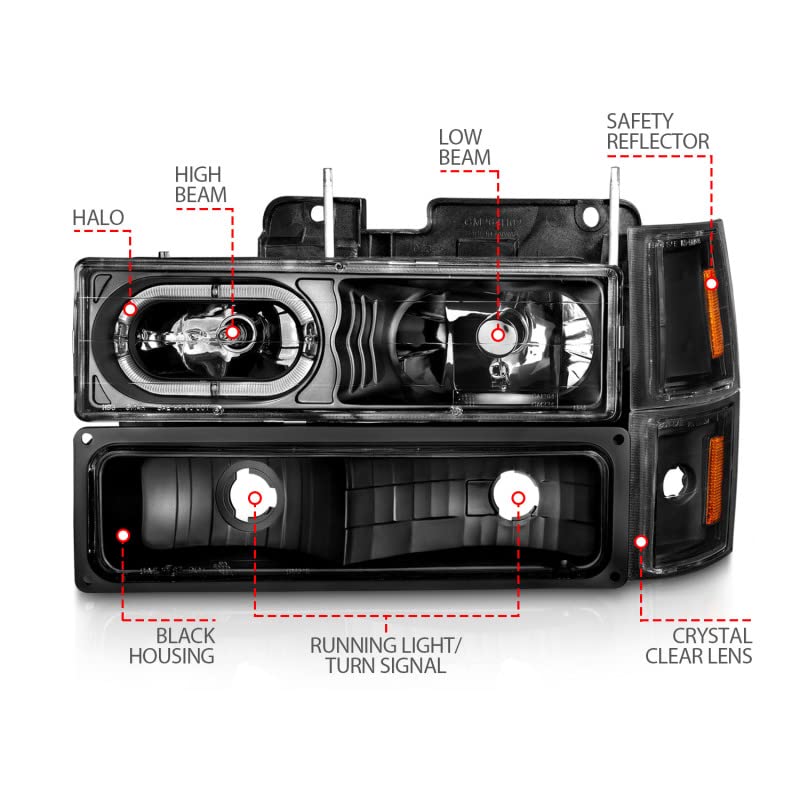 ANZO 111507 Crystal Headlights for 88-98 Chevrolet C1500 - Black Housing with LED Signal & Side Marker Lights | Durable Replacement for Improved Night Visibility | Perfect for Off-Roading & Truck Upgrades