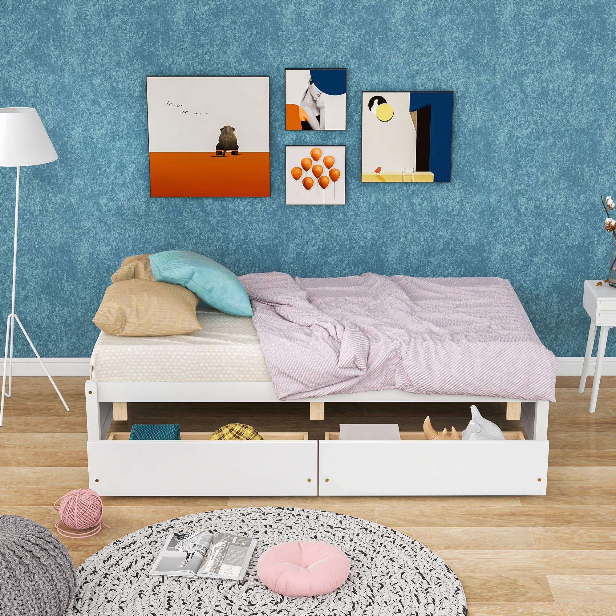 Twin Size Platform Bed Frame with Storage Drawers & Slats - Wooden Loft Captain Bed for Kids, Teens, Boys & Girls - No Headboard White - Perfect for Bedroom, Guest Room & Small Space Organization