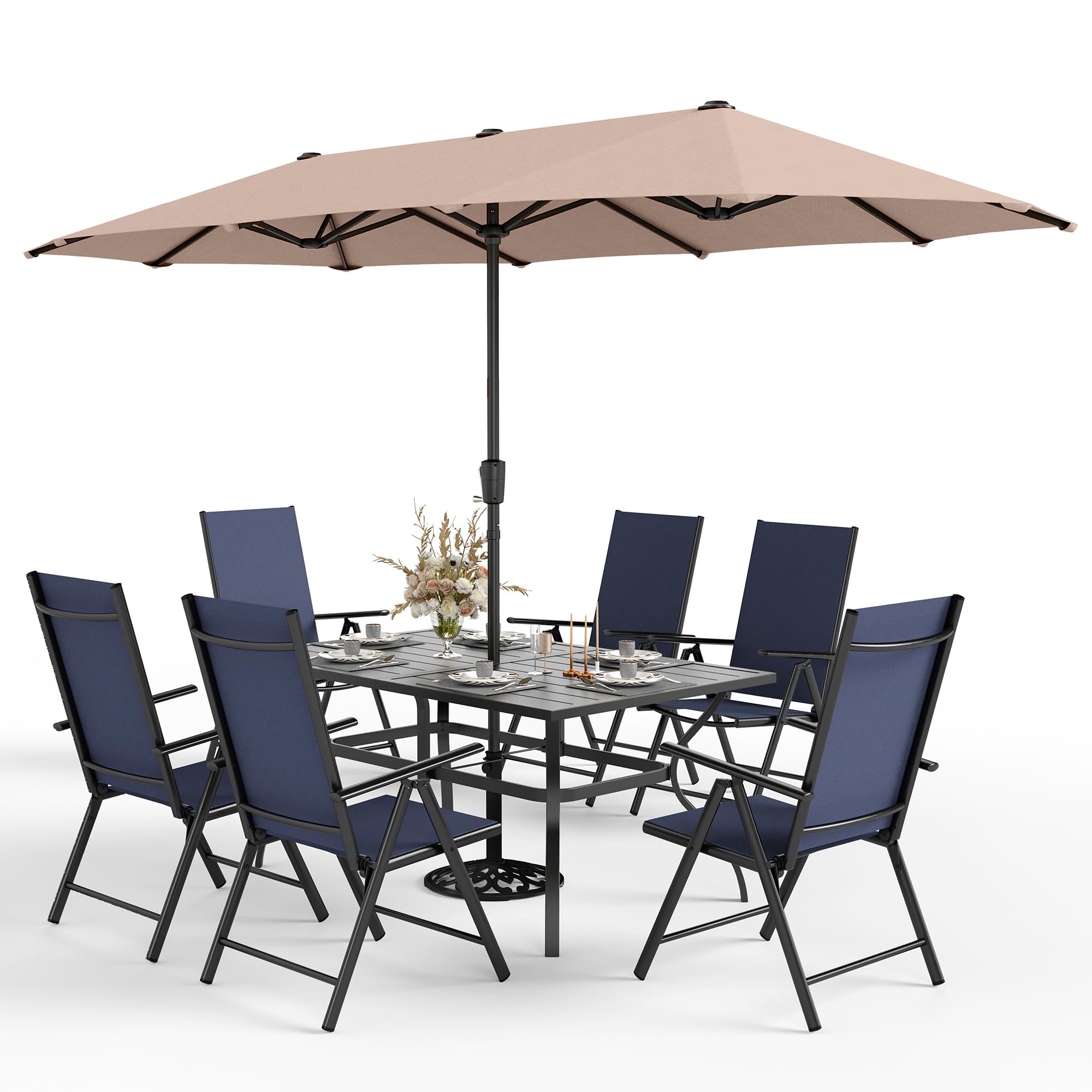 Sophia & William 7-Piece Outdoor Patio Dining Set with 13ft Beige Umbrella - 6 Folding Chairs & Rectangular Metal Table with Blue Sling Chairs - Perfect for Backyard BBQs, Poolside Gatherings & Garden Dining