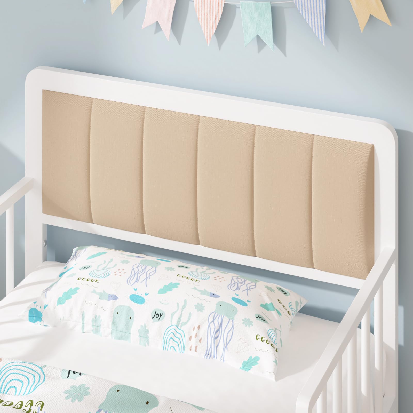 Timy Toddler Bed with Upholstered Bedside - Safe Metal Crib Bed Frame with Guardrails for Boys & Girls - White - Perfect for Nursery, Daycare & First Big Kid Bed Transition