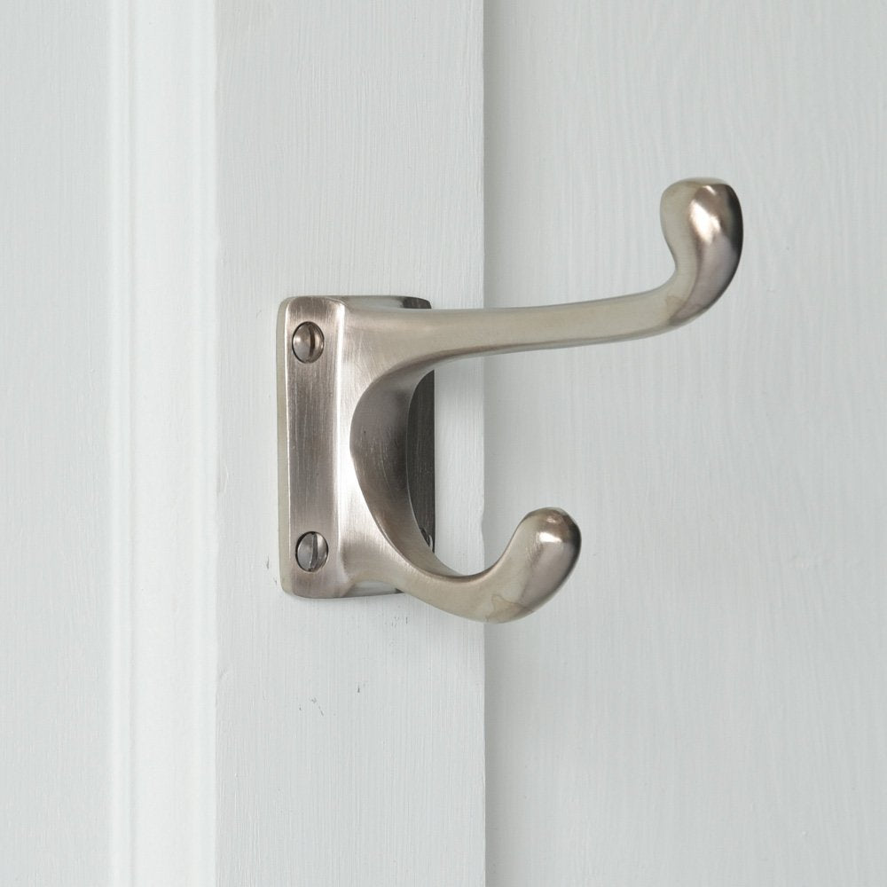 Satin Nickel Double Coat Hook - Durable Wall Mounted Hooks for Hanging Coats, Hats & Bags - Perfect for Entryway, Bathroom & Bedroom Organization