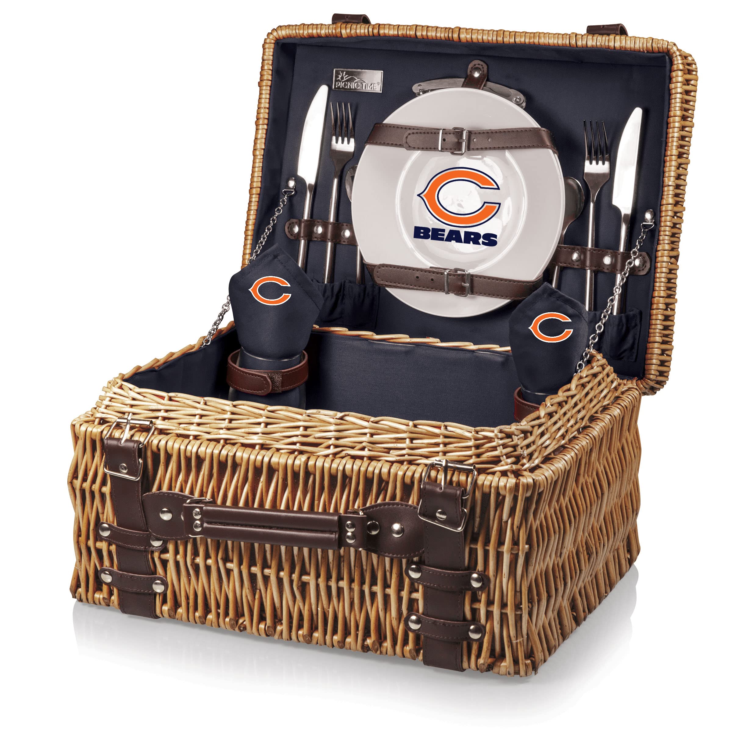 PICNIC TIME NFL Champion Picnic Basket for 2 - Wicker Picnic Basket Set with Plates, Utensils & Blanket (Black/Brown) - Perfect for Outdoor Dining, Beach Trips & Game Day Tailgating