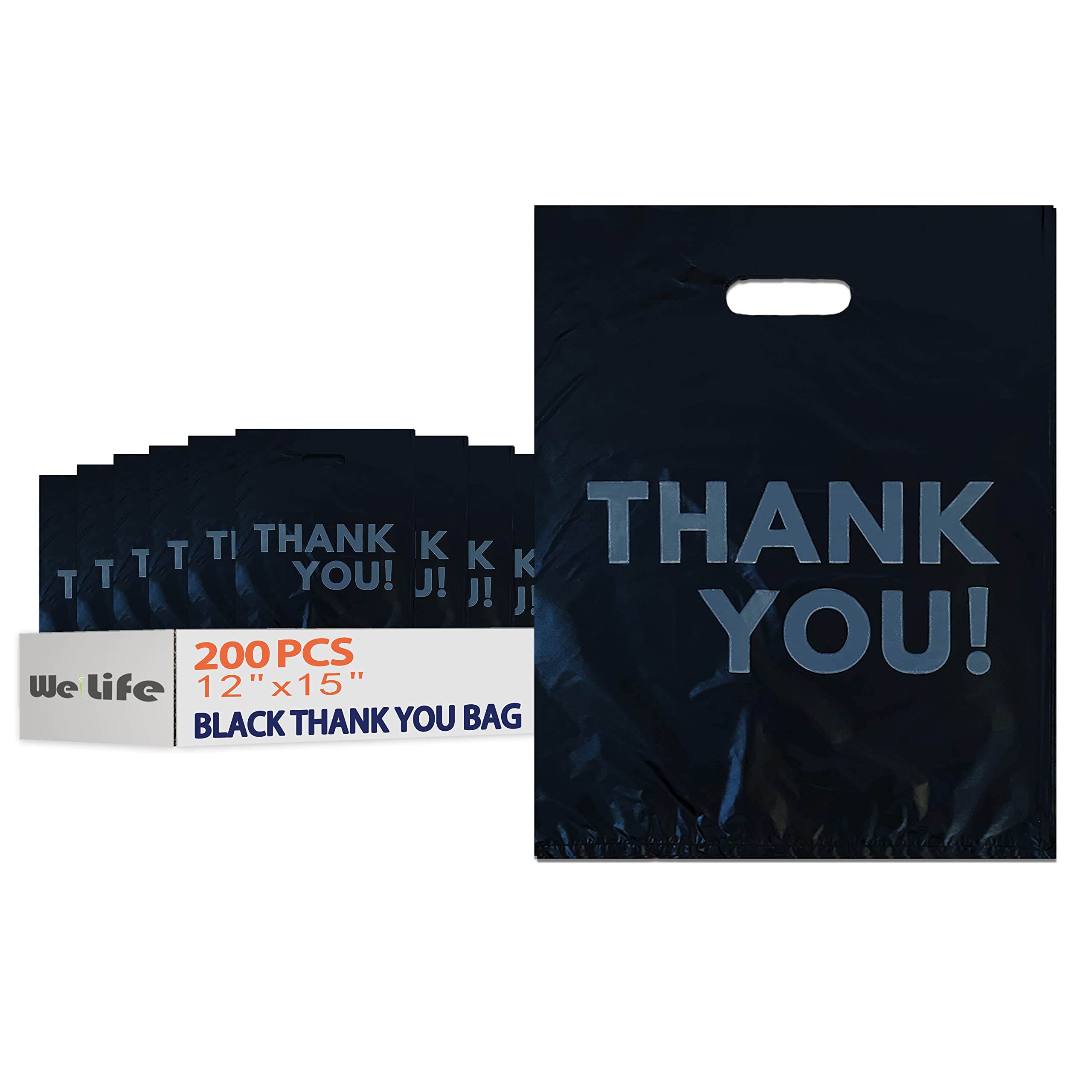WeiLife 200PCS Black Plastic Thank You Shopping Bags 12x15 Inch Bulk Merchandise Bags - Retail Gift Bags for Small Business & Boutique Stores | Perfect for Retail Packaging, Customer Appreciation & Event Giveaways