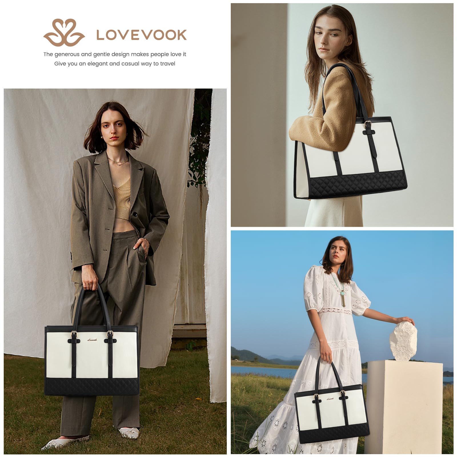 LOVEVOOK 15.6寸女士帆布笔记本电脑手提包 大容量工作包 带手拿包 办公商务公文包 休闲手袋 适合旅行、大学、教师、学校使用