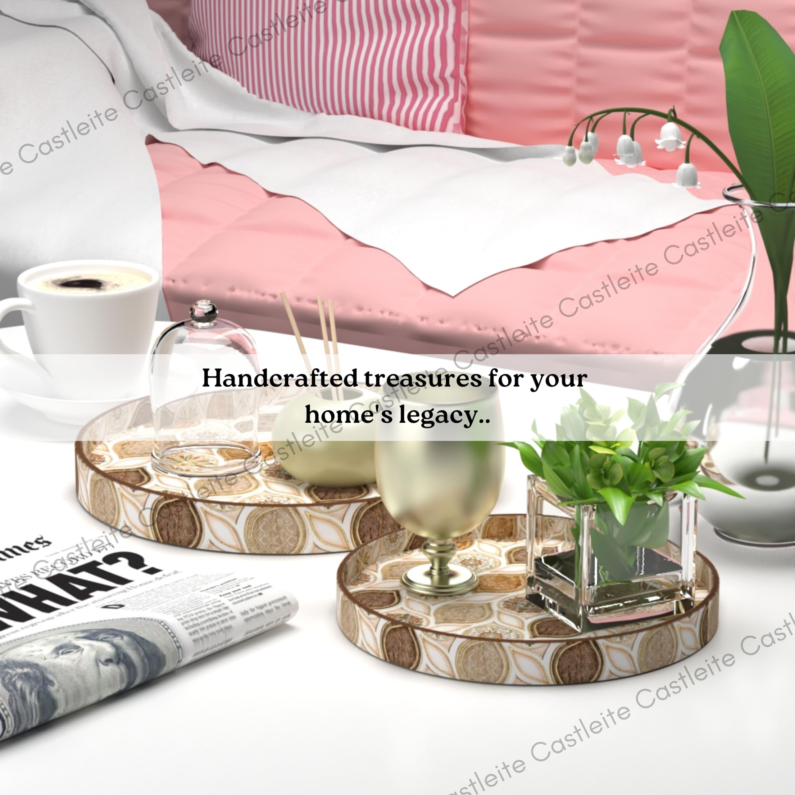Castleite Ember Decorative Round Wooden Tray Set of 2 - Handcrafted Serving Trays for Kitchen, Dining Table, Coffee Table Decor & Storage - Epoxy Resin Coated Wood Trays (Large & Small, Hanayaka) - Perfect for Entertaining, Displaying Treats or Organizing Essentials