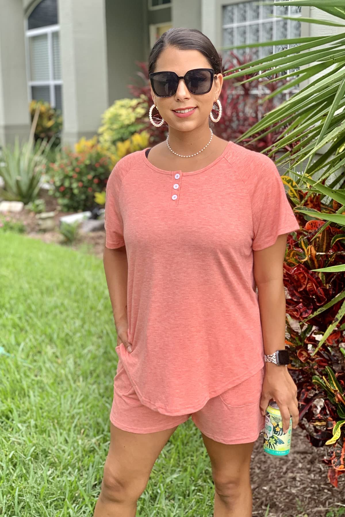 WIHOLL Women's 2-Piece Lounge Set - Button Down Top & Shorts with Pockets | Comfortable Sweatsuit for Home, Travel & Casual Wear