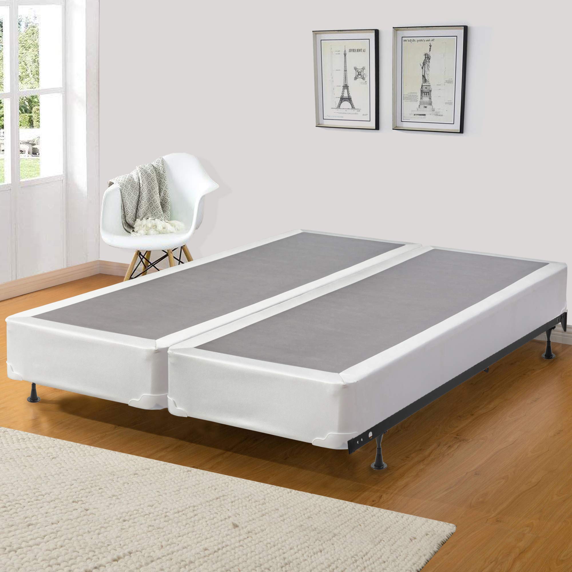 Queen Size White Wooden Box Spring Foundation with Coil Support for Mattresses - Perfect for Bedroom, Guest Room & Dormitory Use