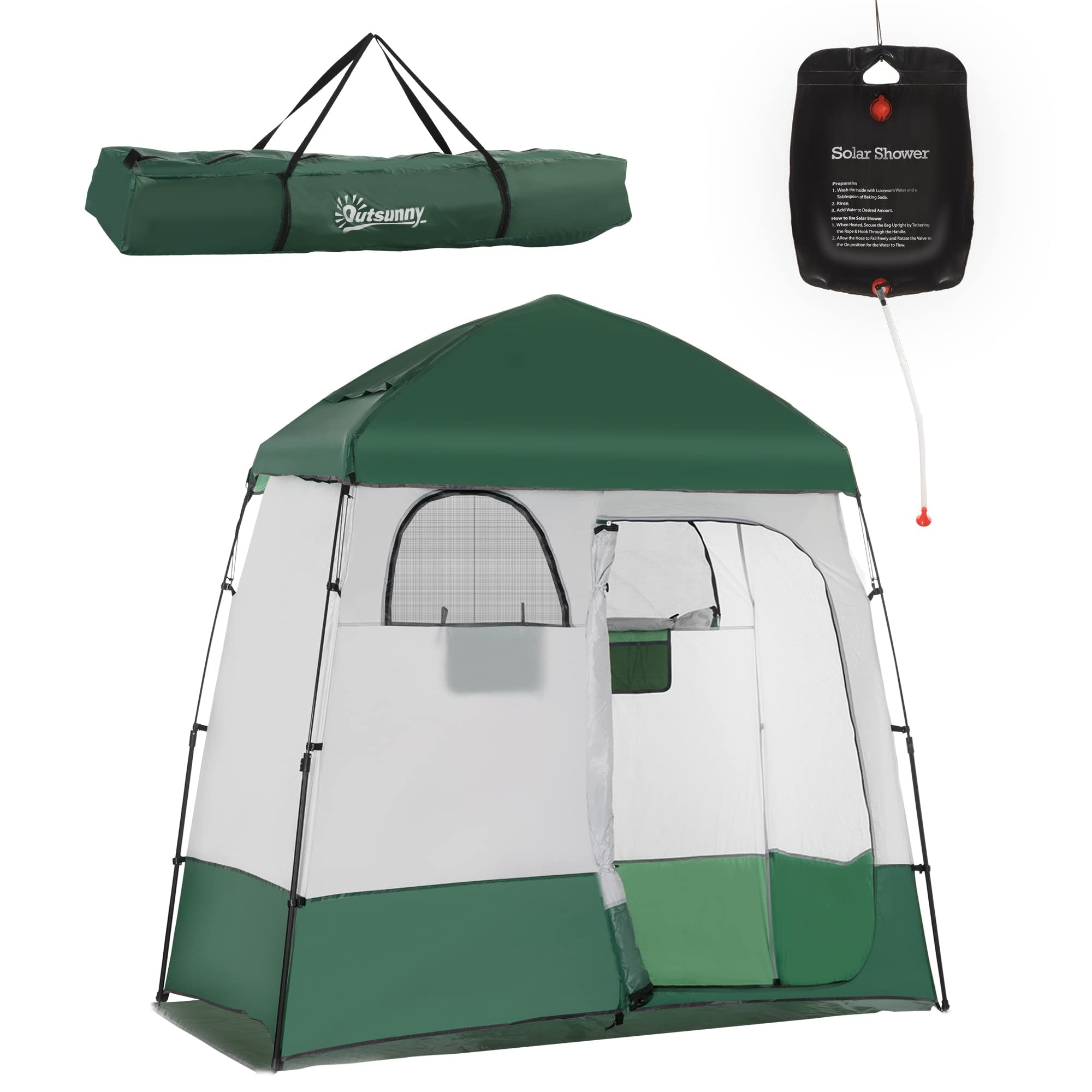 Outsunny Pop Up Shower Tent - 2 Room Portable Privacy Shelter for Camping, Beach, Outdoor Shower & Changing Room w/ Shower Bag, Floor Mat & Carrying Case | Perfect for RV Trips, Backpacking & Beach Days