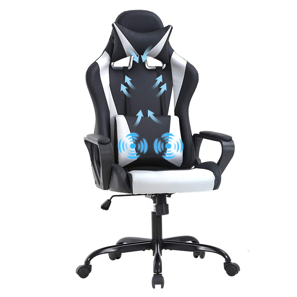 Racing Style Gaming Chair - Ergonomic High Back Office Chair with Adjustable Headrest & Lumbar Support - White Leather Computer Desk Chair for Gaming, Work & Home Office Use