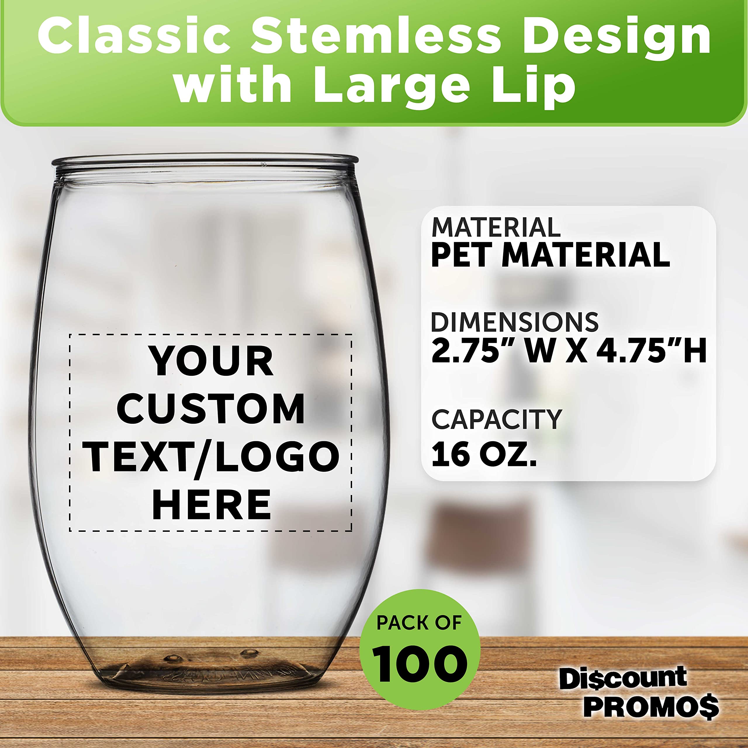 100-Pack Custom Plastic Stemless Wine Glasses 16 oz - BPA Free Bulk Party Cups for Outdoor Lounges, Poolside Gatherings, Weddings & Events - Clear Unbreakable Drinkware for Picnics, BBQs & Catering Services