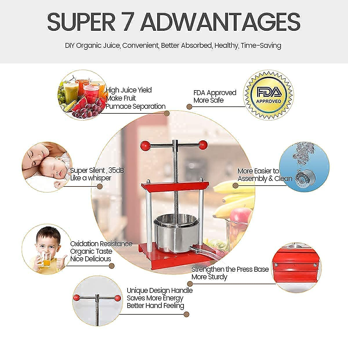 SQUEEZE Master Manual Cheese & Fruit Wine Press - 0.53 Gallon (2L) & 7L (1.8 Gallon) Capacity for Herb Tincture, Grape Crushing - Perfect for Home Winemaking, Cheese Making & Juice Extraction