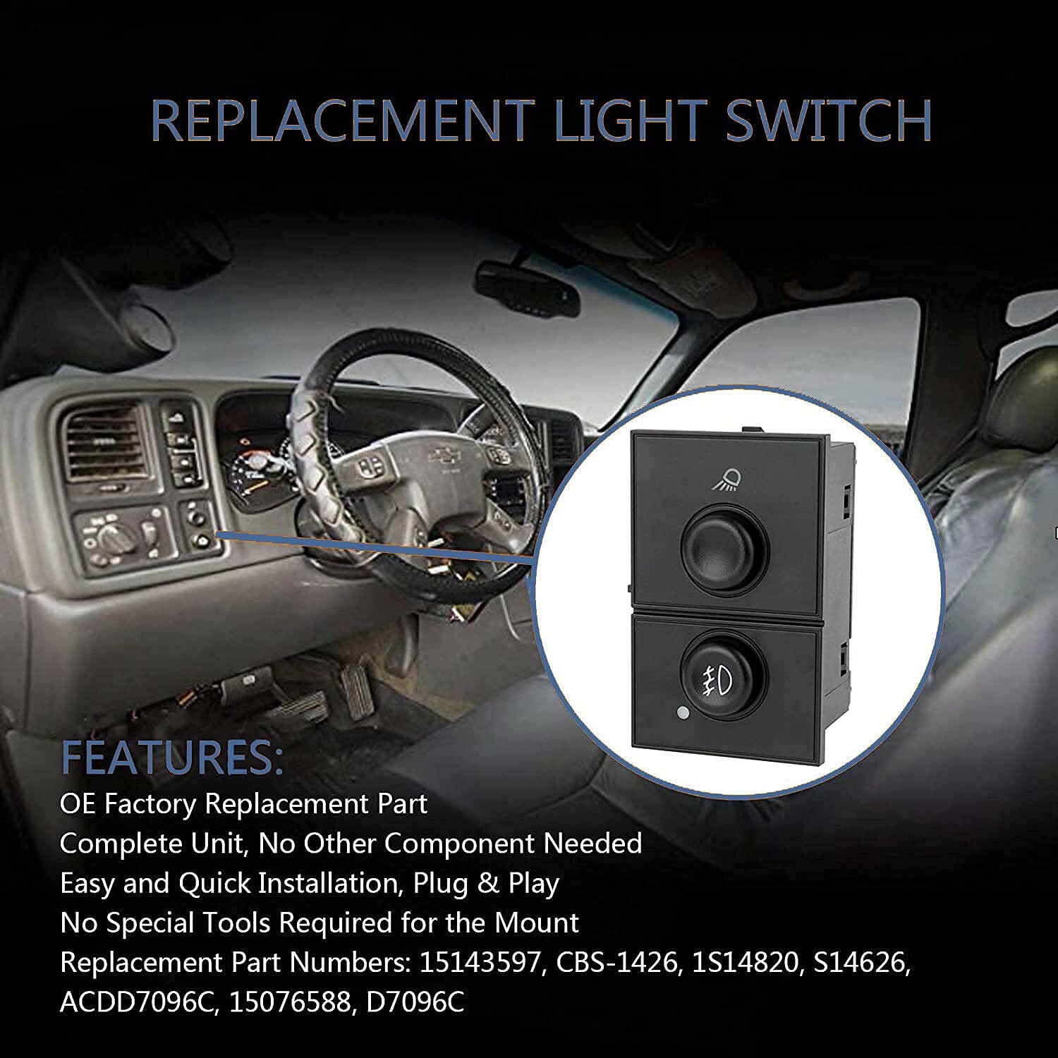 RLP Fog Light Switch & Cargo Lamp Switch Compatible with 2003-2006 Cadillac Escalade, Chevy Silverado 1500/2500/3500, GMC Sierra 1500/2500/3500 - Replaces 15143597 & 15076588 - Perfect for Off-Roading & Night Driving