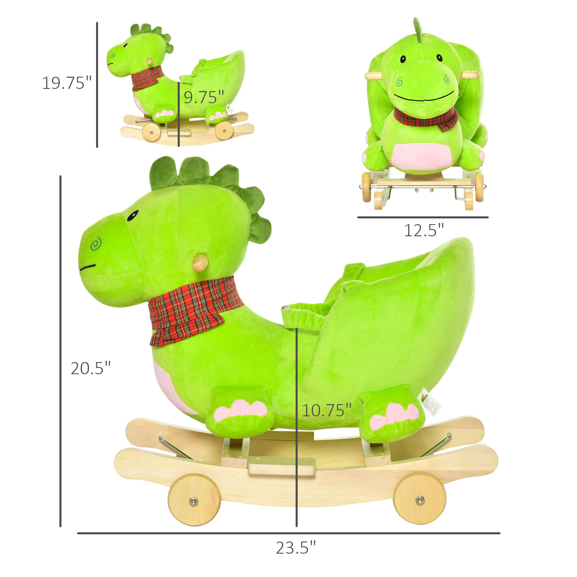 Qaba 2-in-1 Plush Rocking Dinosaur Ride-On Toy for Toddlers 18+ Months | Interactive Baby Rocking Horse with Nursery Songs | Perfect for Playtime, Nursery Decor & First Birthday Gifts