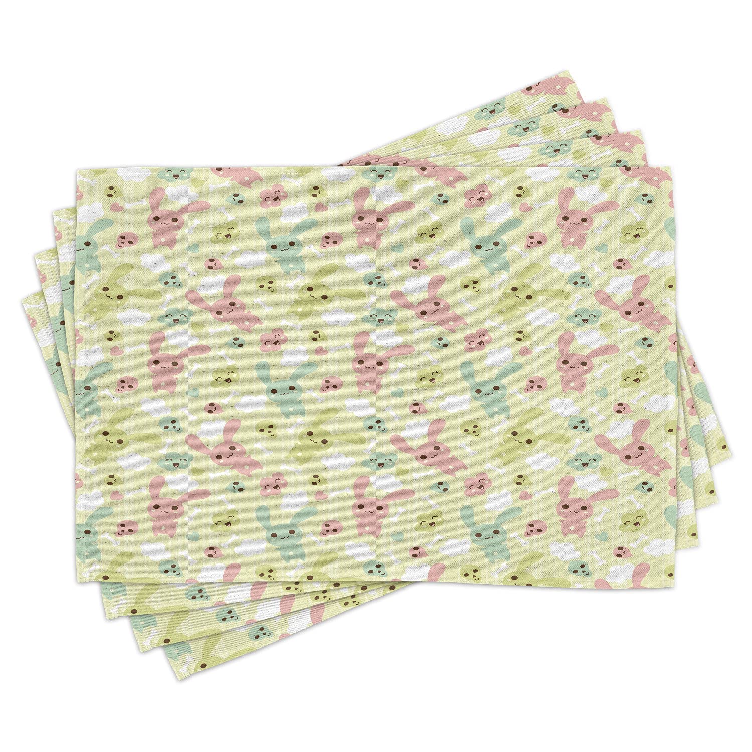 Ambesonne Anime Place Mats Set of 4 - Funny Bunnies, Clouds & Bones Kawaii Doodle Design - Washable Fabric Table Mats for Dining Room & Kitchen Decor in Pale Green, Pink & Seafoam - Perfect for Anime Lovers, Kawaii Theme Parties & Cute Home Dining Decor