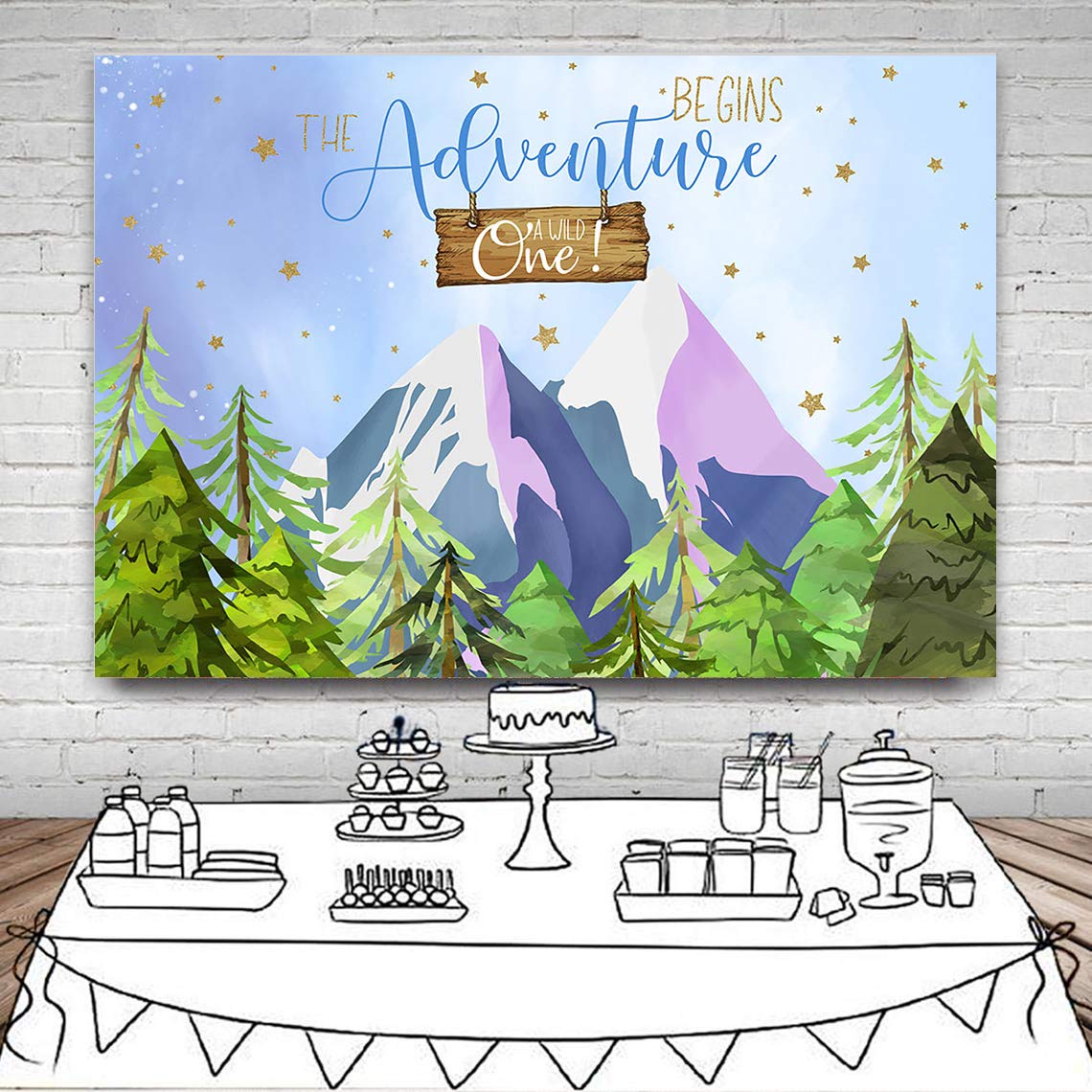 Adventure Begins Baby Shower Backdrop - 7x5ft Forest Mountain Theme with Stars, Perfect for Cake Table Decor, Photo Booth Props & Nursery Wall Decor | Ideal for Baby Showers, Gender Reveals & First Birthday Parties