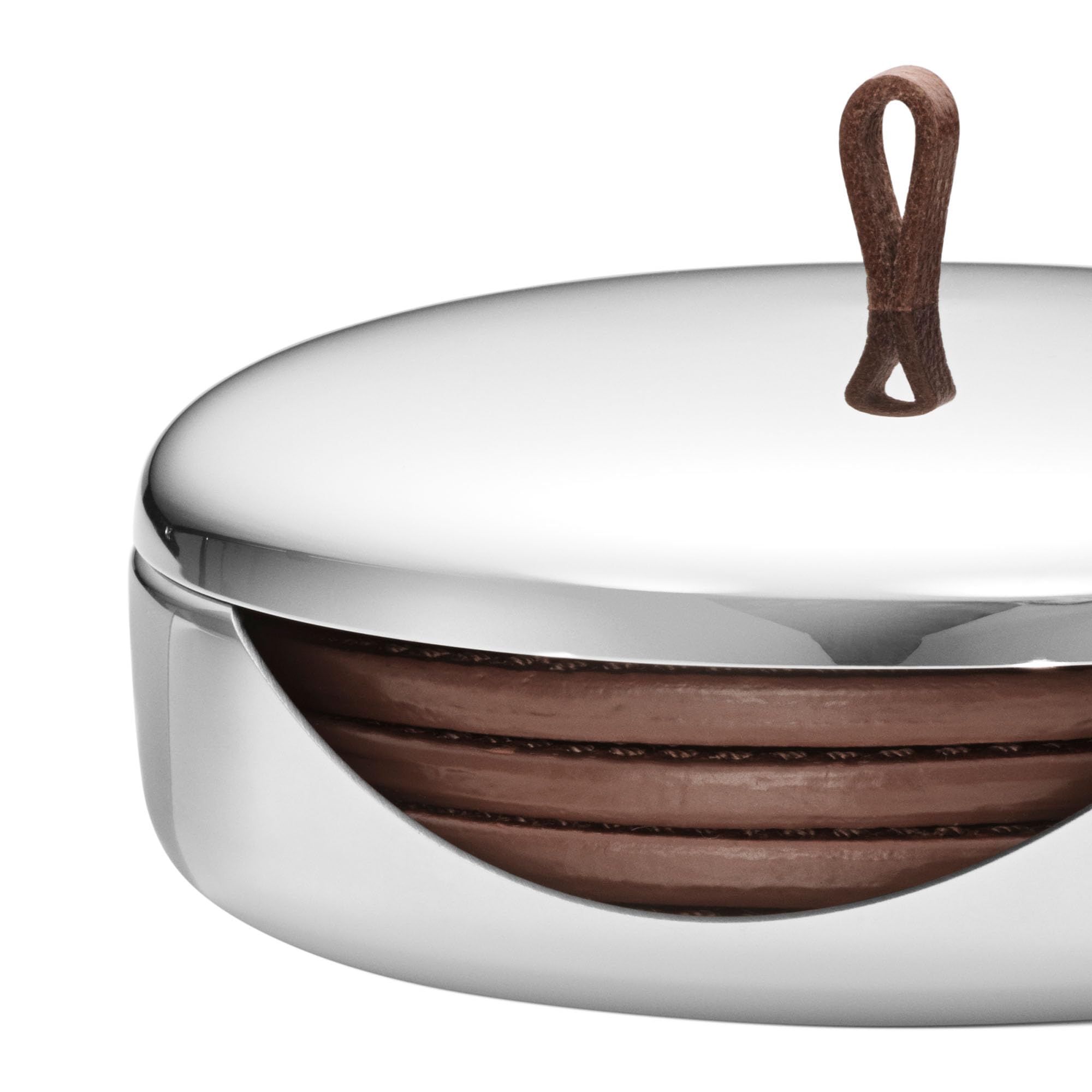 Georg Jensen SKY Collection Coaster Set - 4 Premium Leather Coasters in Stainless Steel Case for Home & Office Decor | Elegant Drinkware for Wine, Cocktails & Coffee Parties