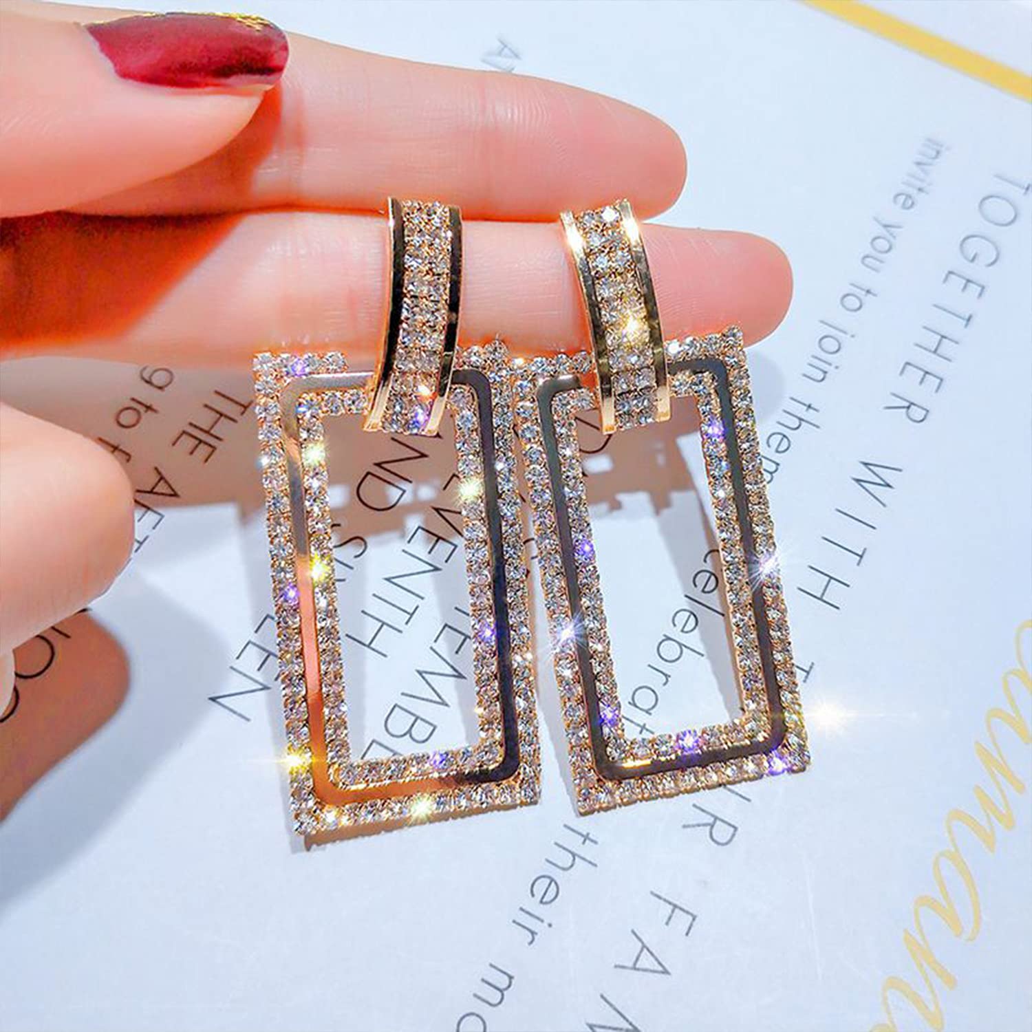 KaFu Fashion Statement Long Drop Earrings - Boho Large Metal Rectangle Geometric Dangle Earrings with Rhinestones - Elegant Women's Jewelry Gift for Parties, Weddings & Special Occasions