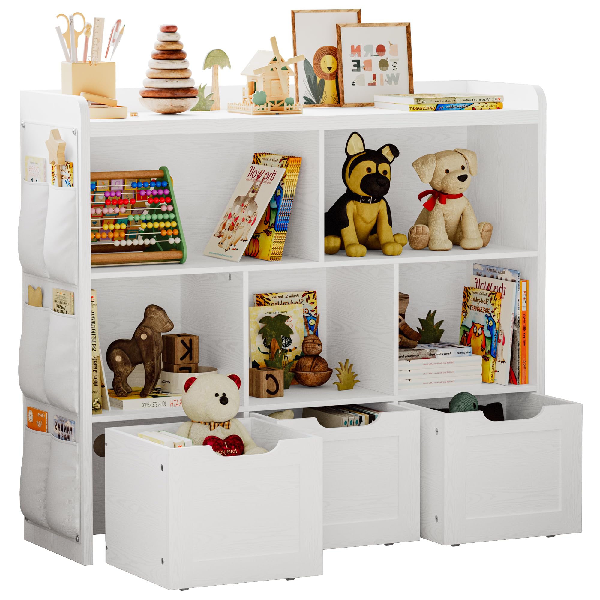IRONCK 3-Tier Toy Storage Organizer with Movable Drawers & 5 Cubbies - Multifunctional Kids Toy Chest, Bookcase for Bedroom, Playroom & Nursery - White Storage Cabinet for Toys, Books & Clothes Organization