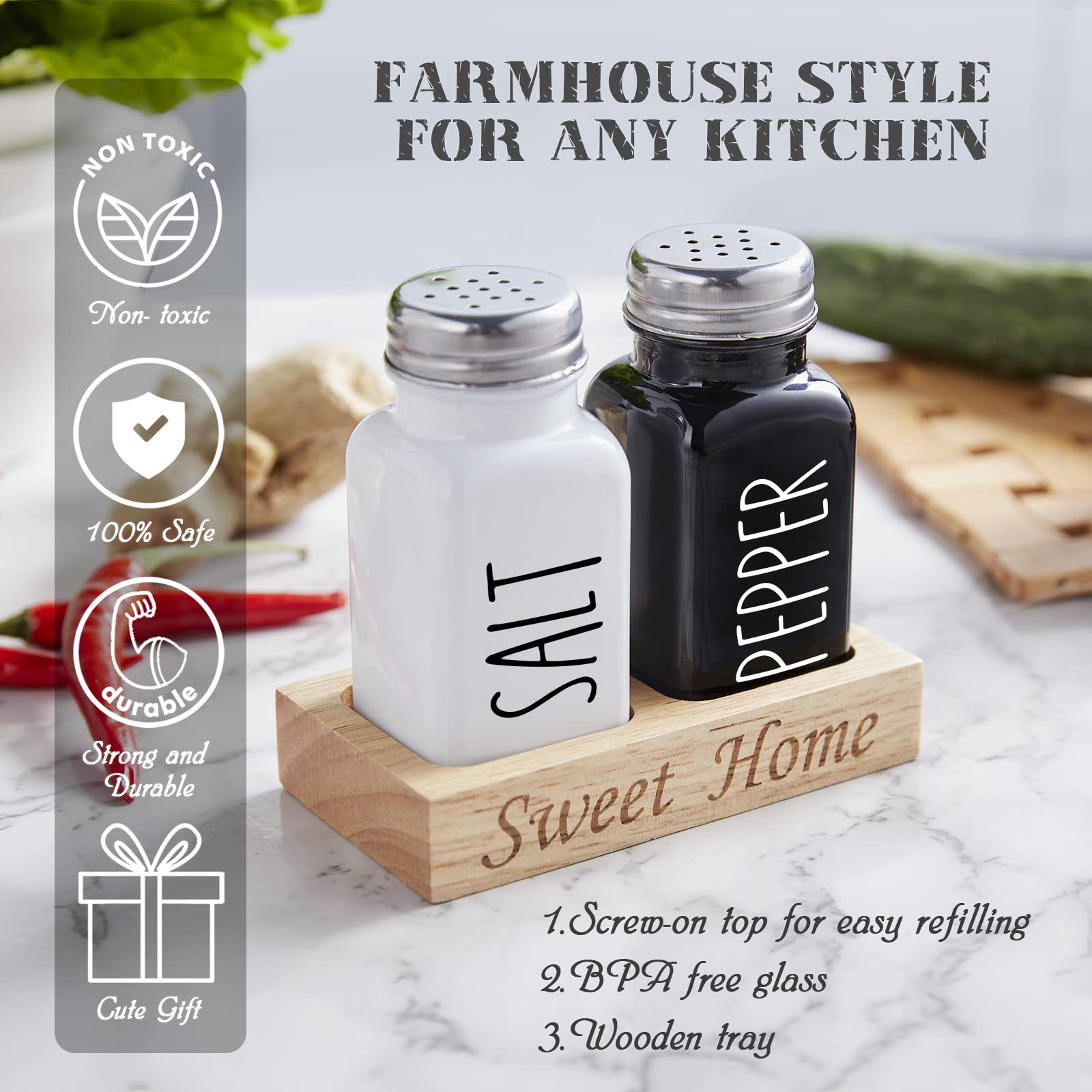 Premium Glass Salt and Pepper Shakers Set with Wooden Holder - 2.7 oz Black & White Kitchen Decor for Countertop or Dining Table - Ideal Wedding Gift & Housewarming Present - Perfect for Everyday Use, Dinner Parties, and Home Decor