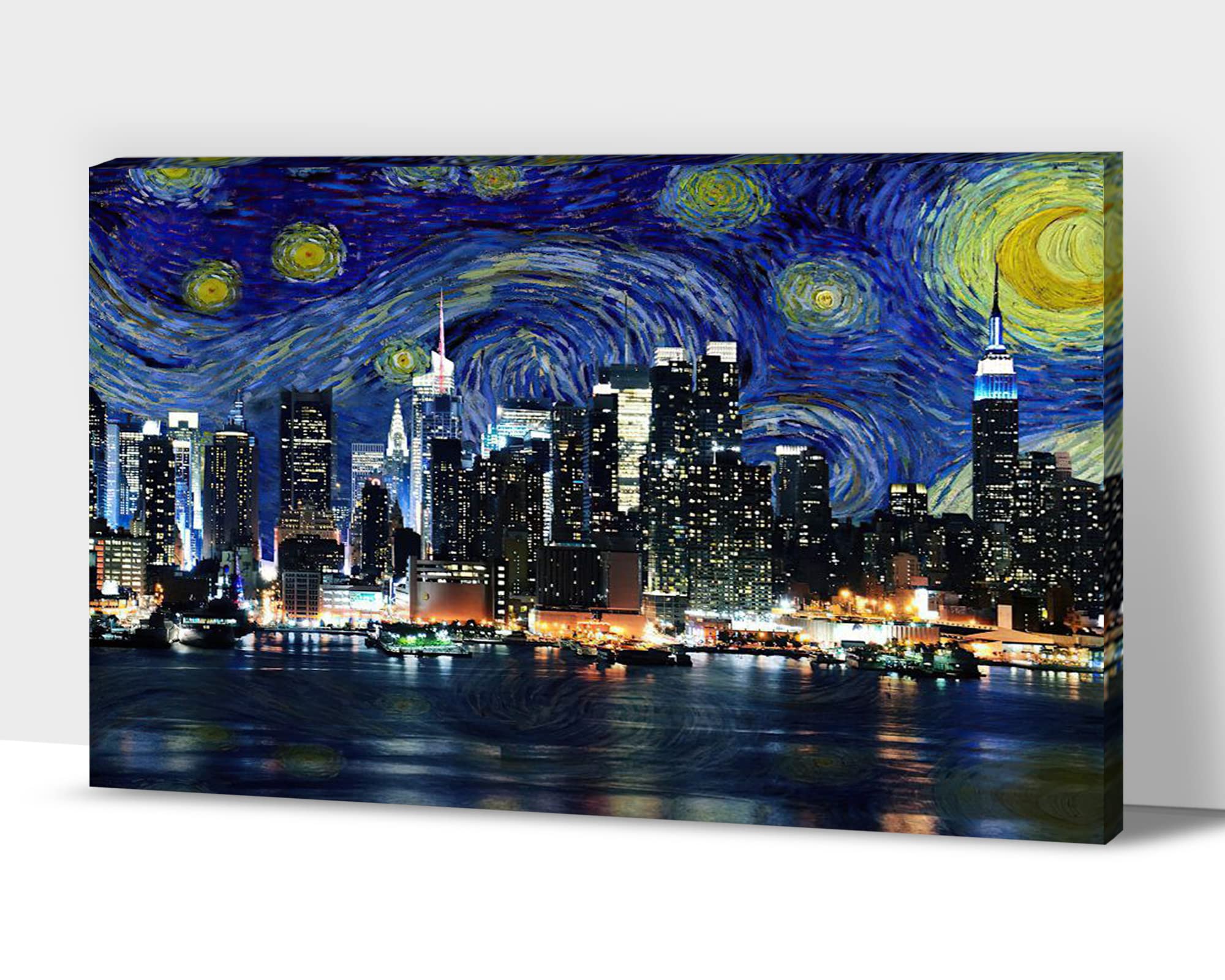 New York Skyline Canvas Wall Art - NYC Cityscape Night View Framed Painting, Abstract Starry Night Wall Decor for Living Room & Office (32x48 Inches) - Perfect for Home Decor, Gifts & Urban Style Interiors
