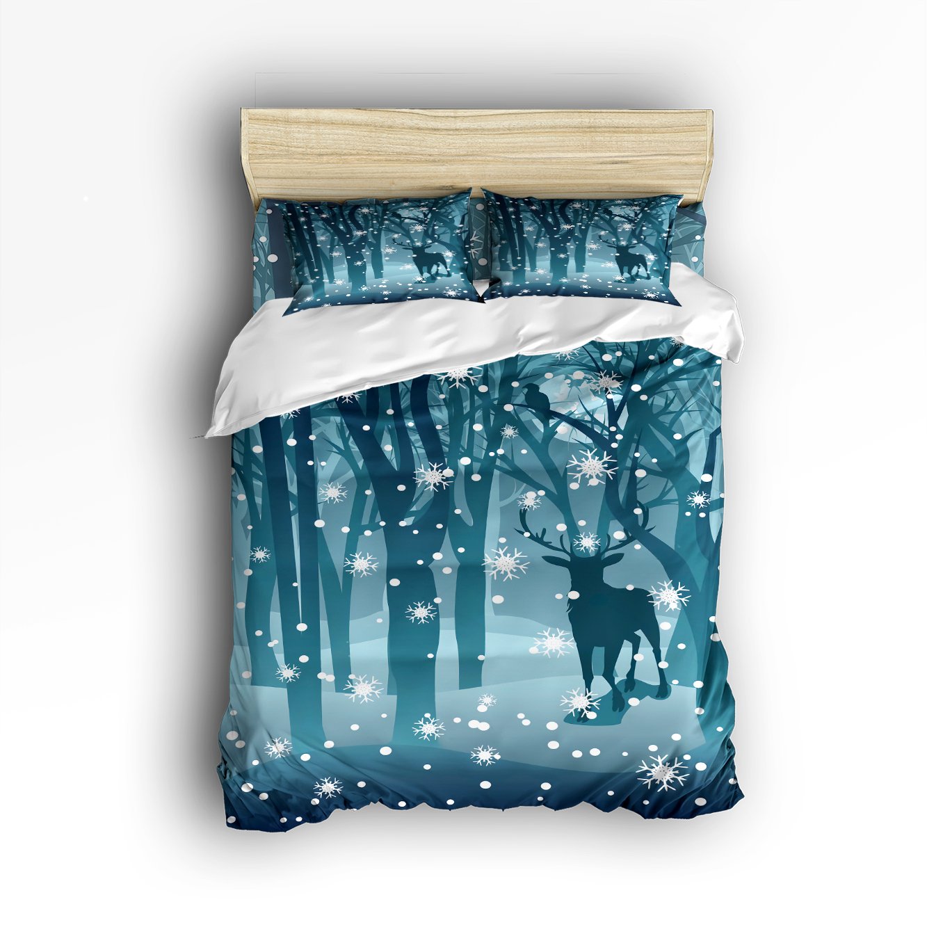Vandarllin Queen Size Bedding Set - 100% Cotton 4-Piece Duvet Cover Set with Snow Tree Deer Forest Design for Kids, Teens & Adults | Cozy Bedroom Decor for Winter & Holiday Seasons